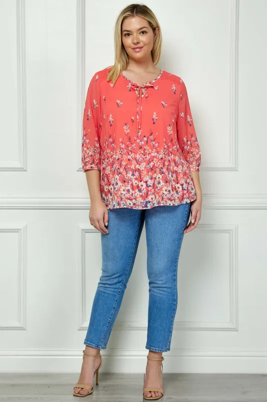 3/4 Button Cuff Sleeve Tie Neck Border Print Blouse in Coral - Plus made by Dress Barn