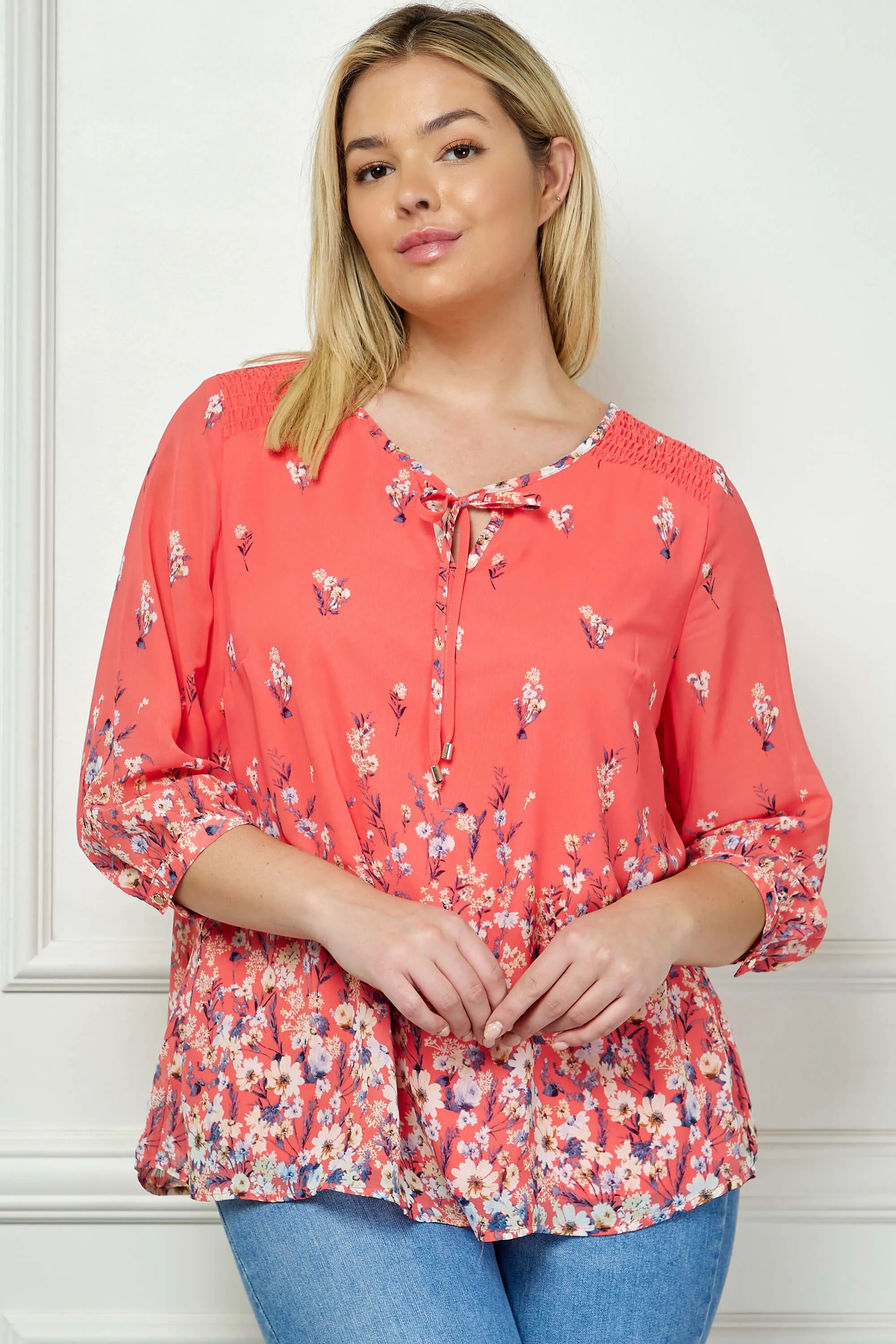 3/4 Button Cuff Sleeve Tie Neck Border Print Blouse in Coral - Plus sold by Dress Barn product image thumbnail 2