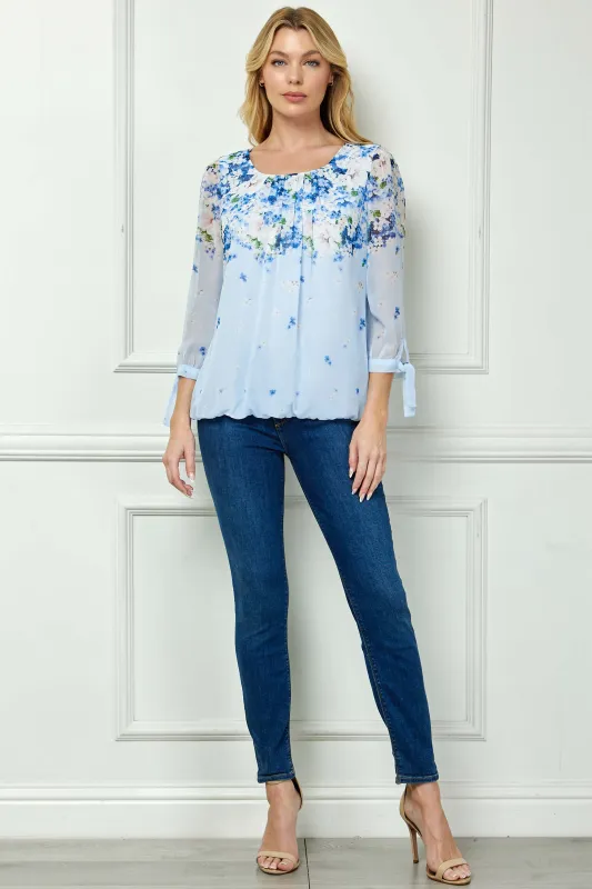 3/4 Tie Sleeve Pleat Neck Border Print Bubble Blouse in Blue sold by Dress Barn