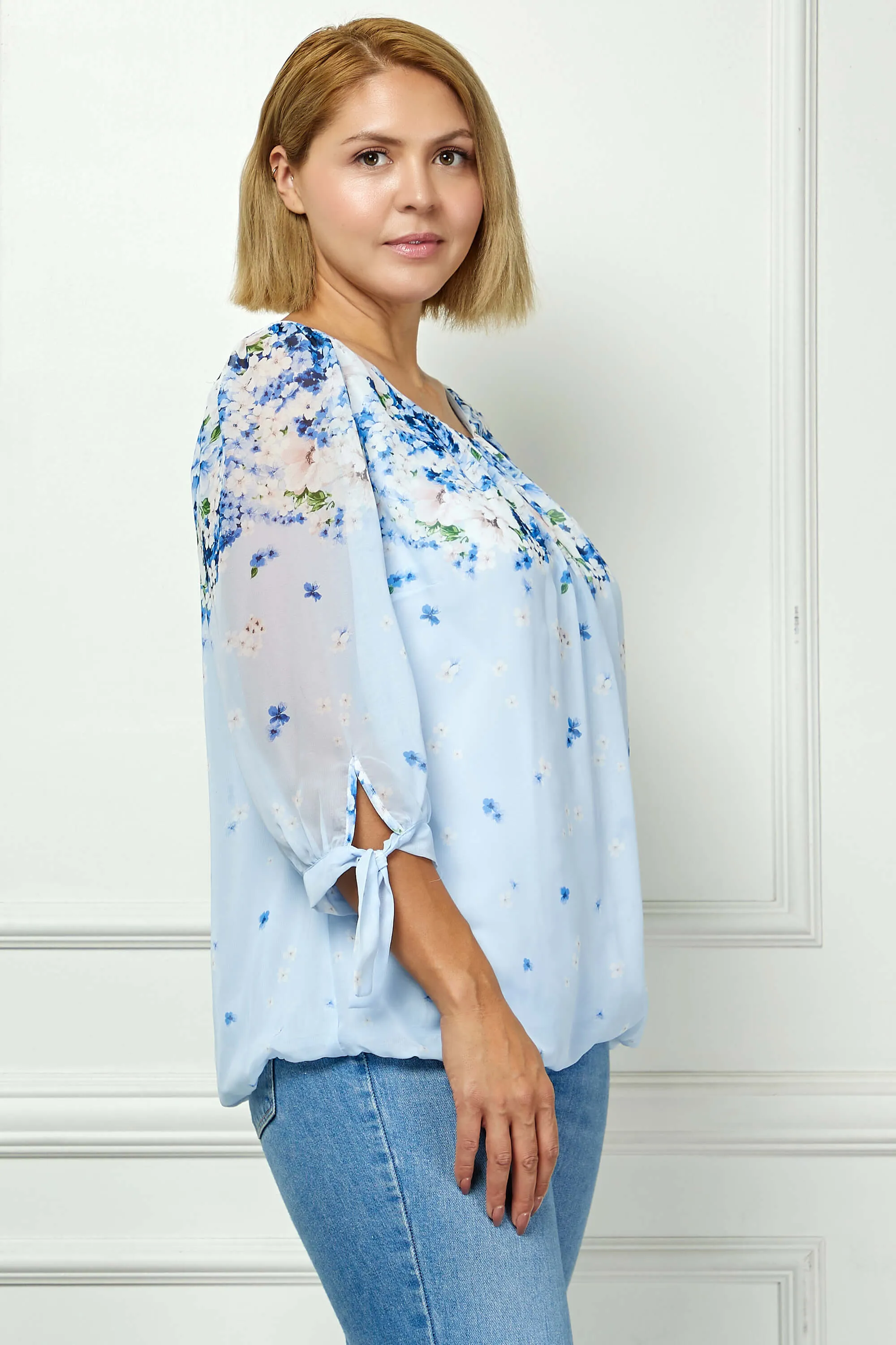 3/4 Tie Sleeve Pleat Neck Border Print Bubble Blouse in Blue - Plus sold by Dress Barn product image thumbnail 3