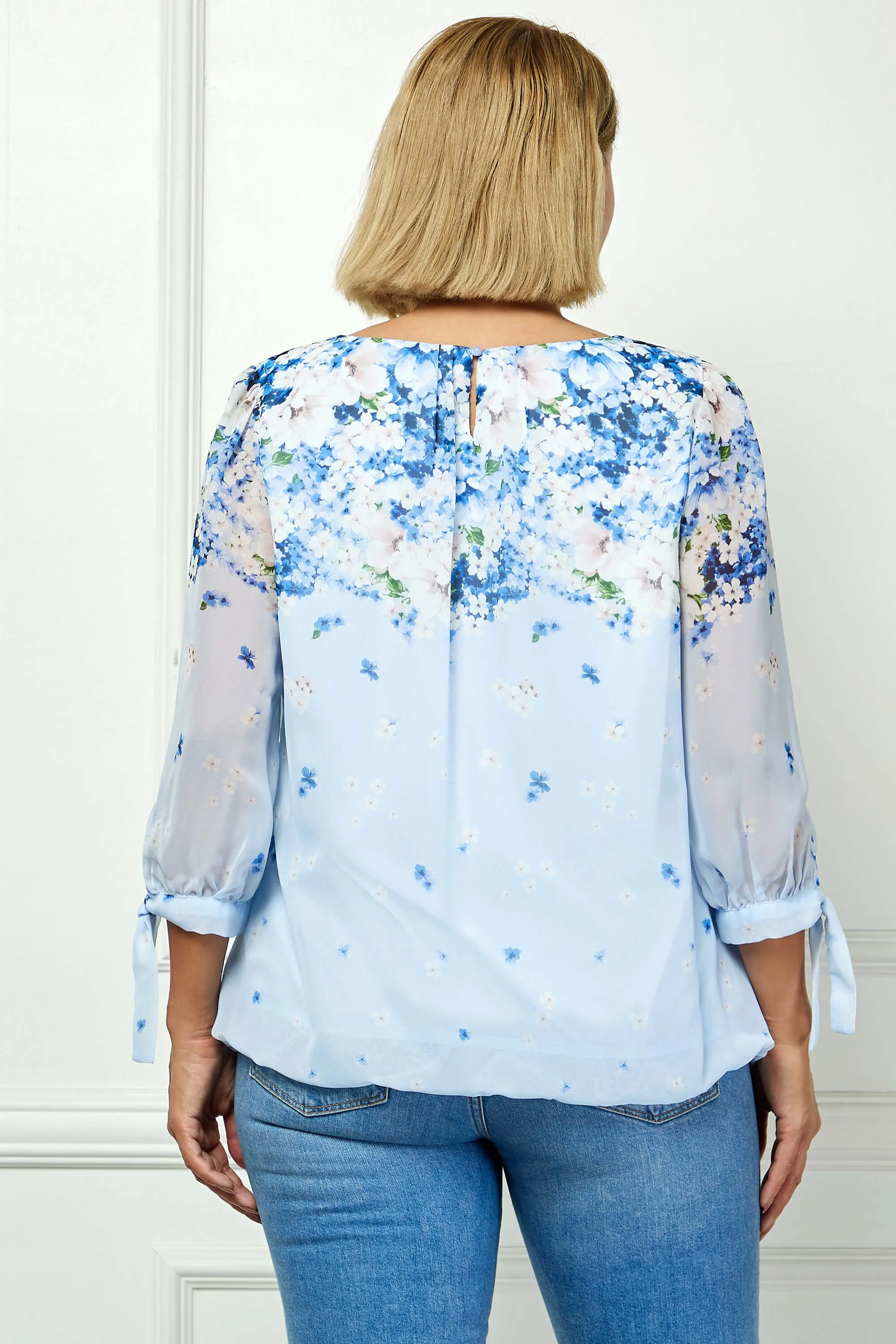 3/4 Tie Sleeve Pleat Neck Border Print Bubble Blouse in Blue - Plus sold by Dress Barn product image thumbnail 4