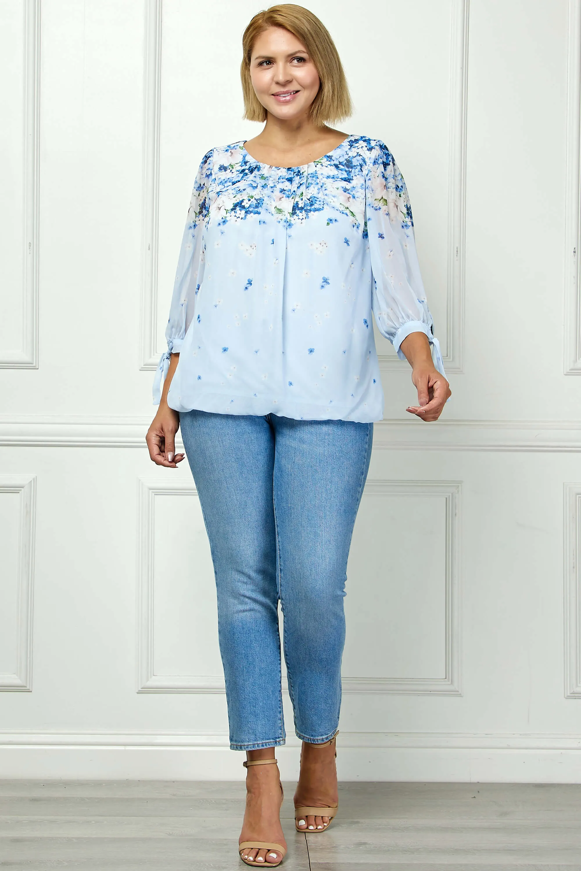 3/4 Tie Sleeve Pleat Neck Border Print Bubble Blouse in Blue - Plus sold by Dress Barn