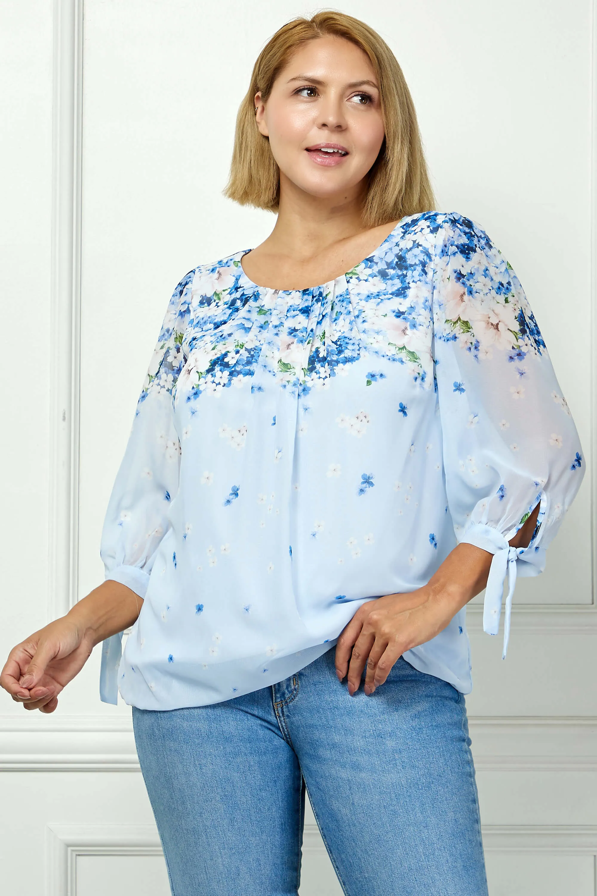 3/4 Tie Sleeve Pleat Neck Border Print Bubble Blouse in Blue - Plus sold by Dress Barn product image thumbnail 2