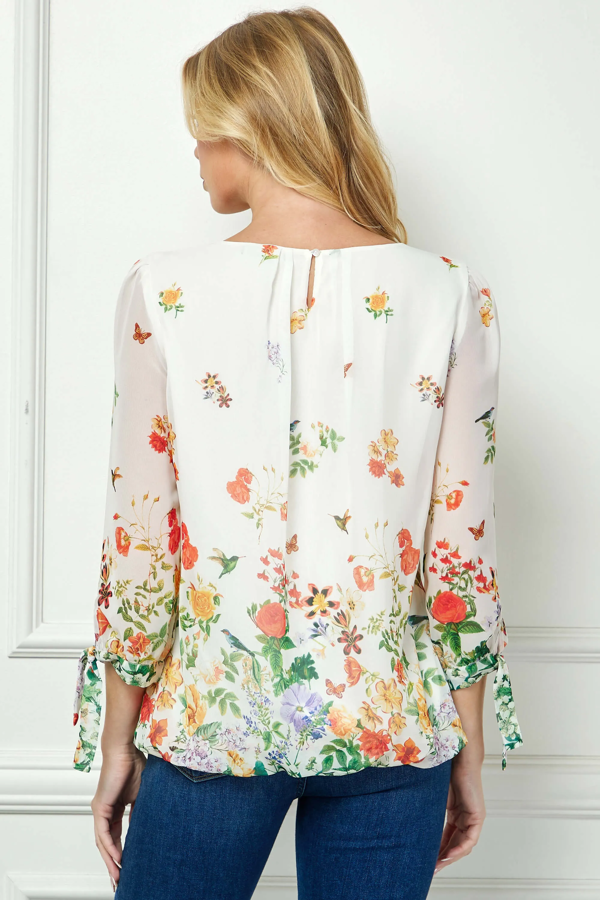 3/4 Tie Sleeve Pleat Neck Border Print Bubble Blouse in Ivory/Coral/Green sold by Dress Barn product image thumbnail 4