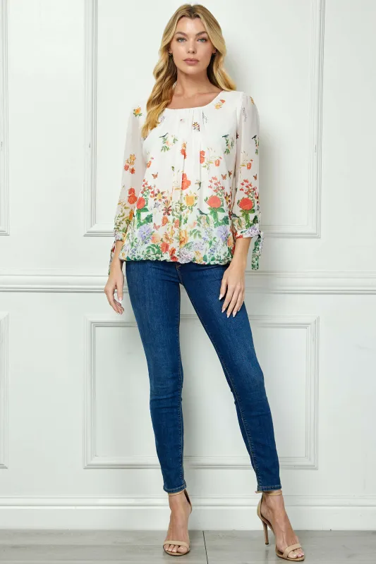 3/4 Tie Sleeve Pleat Neck Border Print Bubble Blouse in Ivory/Coral/Green sold by Dress Barn