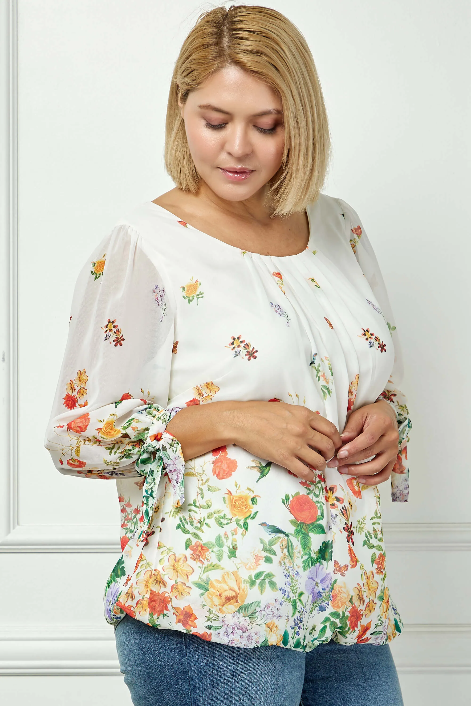 3/4 Tie Sleeve Pleat Neck Border Print Bubble Blouse in Ivory/Coral/Green - Plus sold by Dress Barn product image thumbnail 3