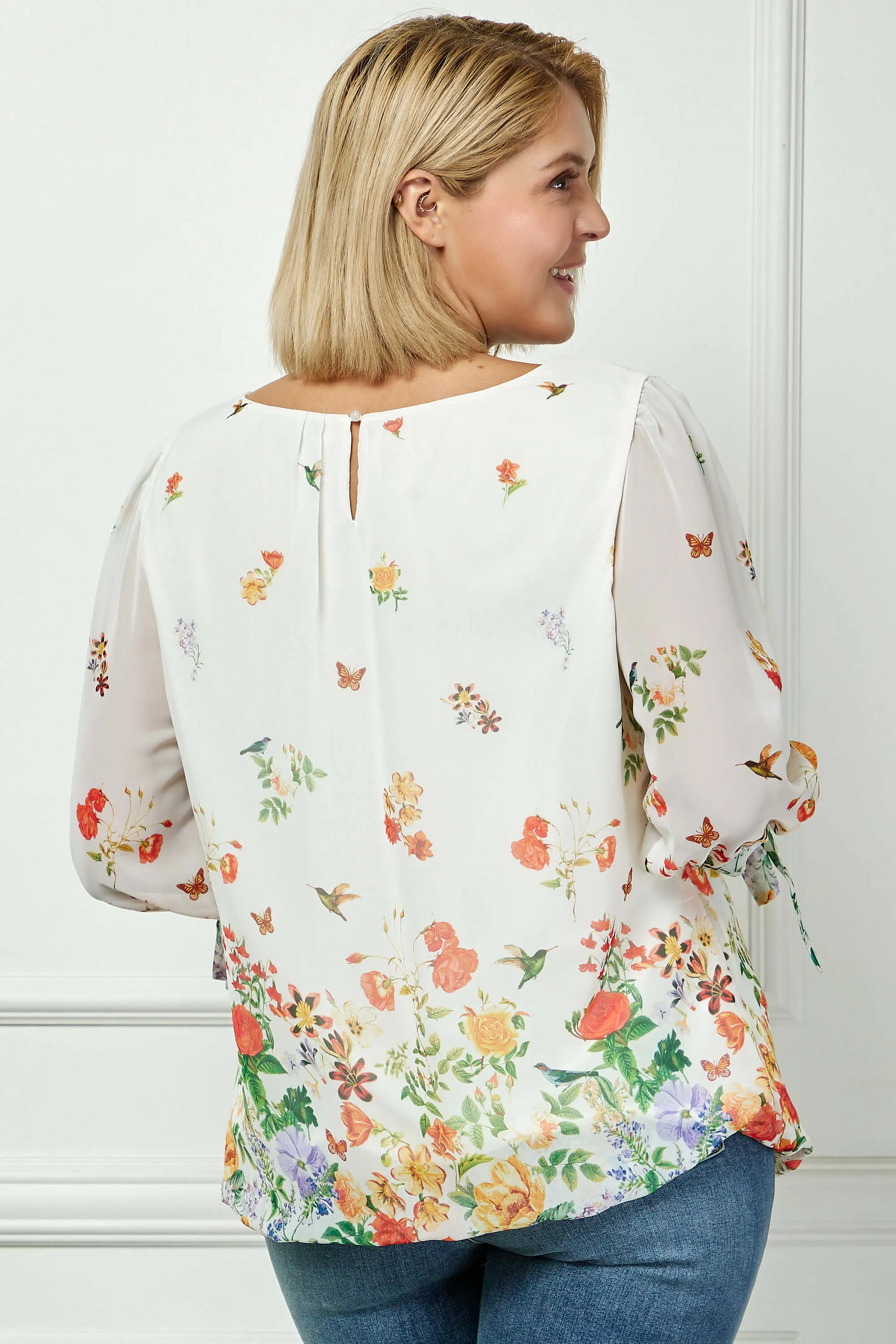 3/4 Tie Sleeve Pleat Neck Border Print Bubble Blouse in Ivory/Coral/Green - Plus sold by Dress Barn product image thumbnail 4