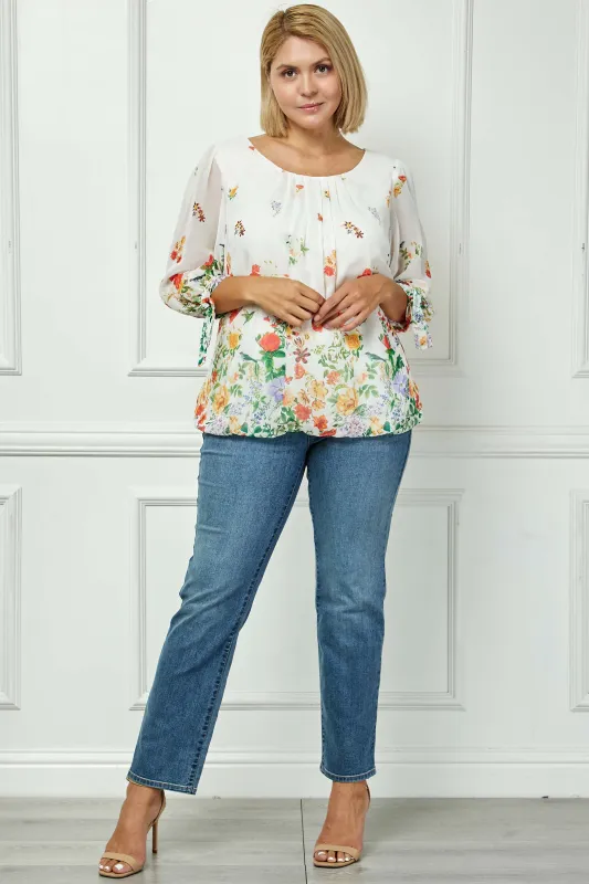 3/4 Tie Sleeve Pleat Neck Border Print Bubble Blouse in Ivory/Coral/Green - Plus sold by Dress Barn