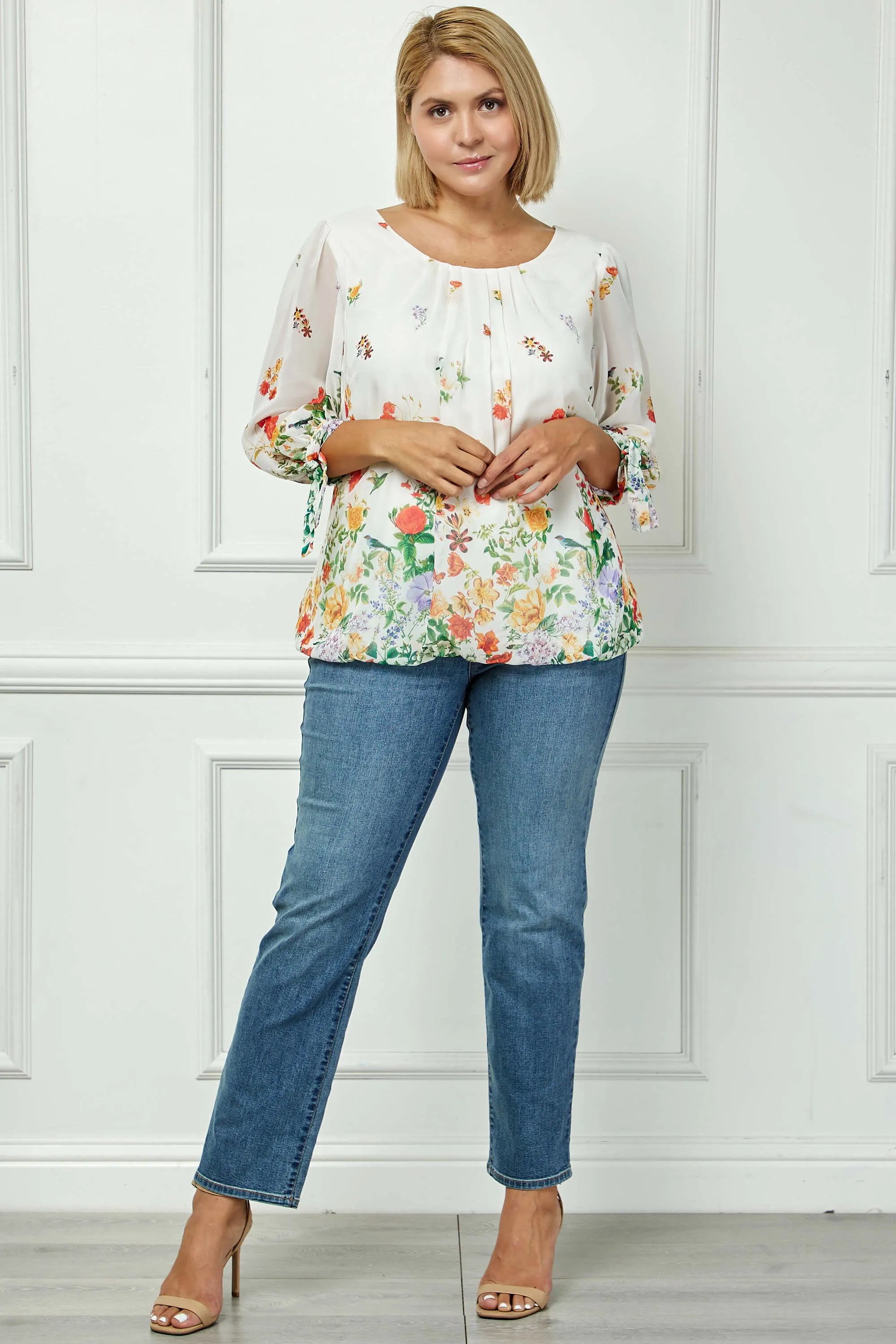 3/4 Tie Sleeve Pleat Neck Border Print Bubble Blouse in Ivory/Coral/Green - Plus sold by Dress Barn