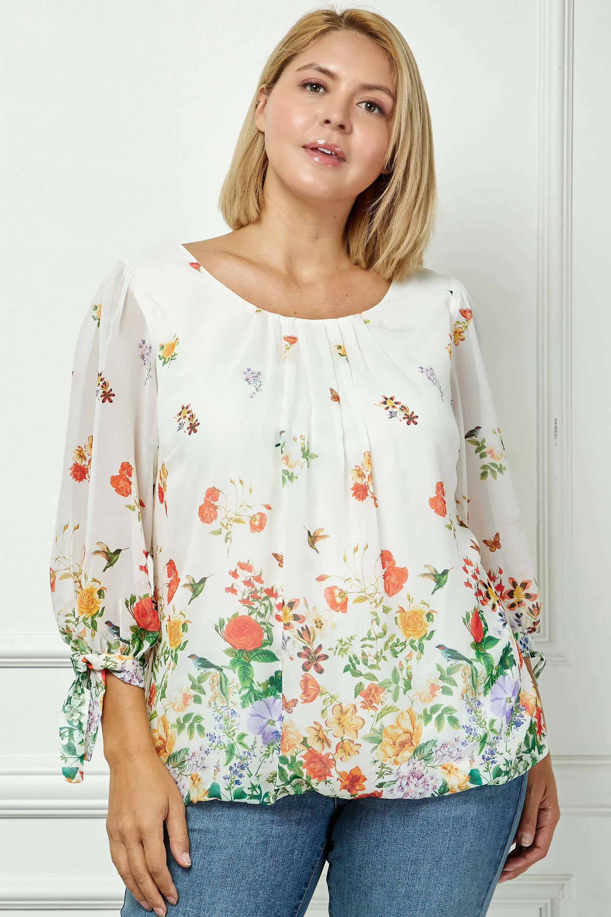 3/4 Tie Sleeve Pleat Neck Border Print Bubble Blouse in Ivory/Coral/Green - Plus sold by Dress Barn product image thumbnail 2