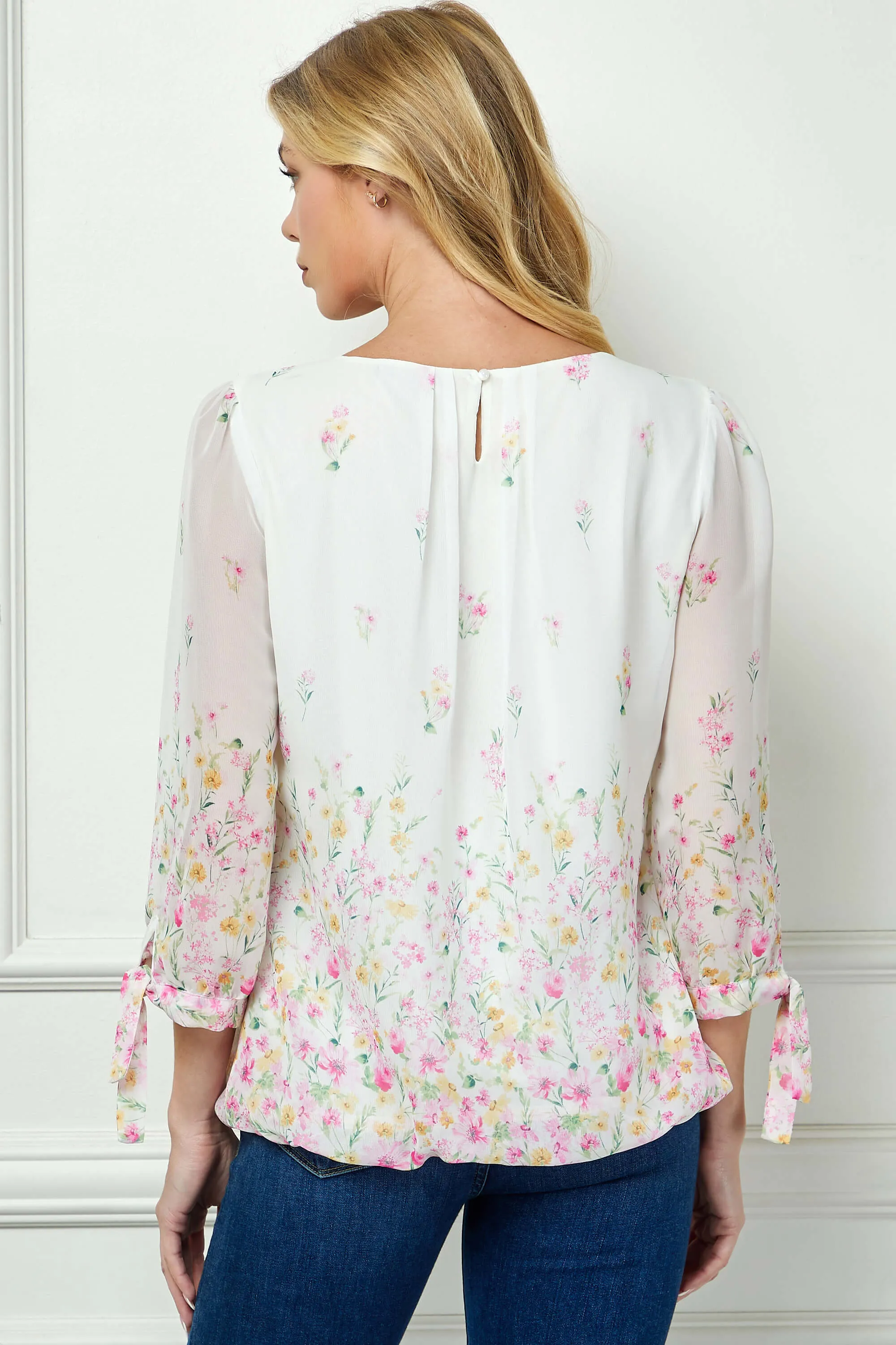 3/4 Tie Sleeve Pleat Neck Border Print Bubble Blouse in Ivory/Yellow/Pink sold by Dress Barn product image thumbnail 4