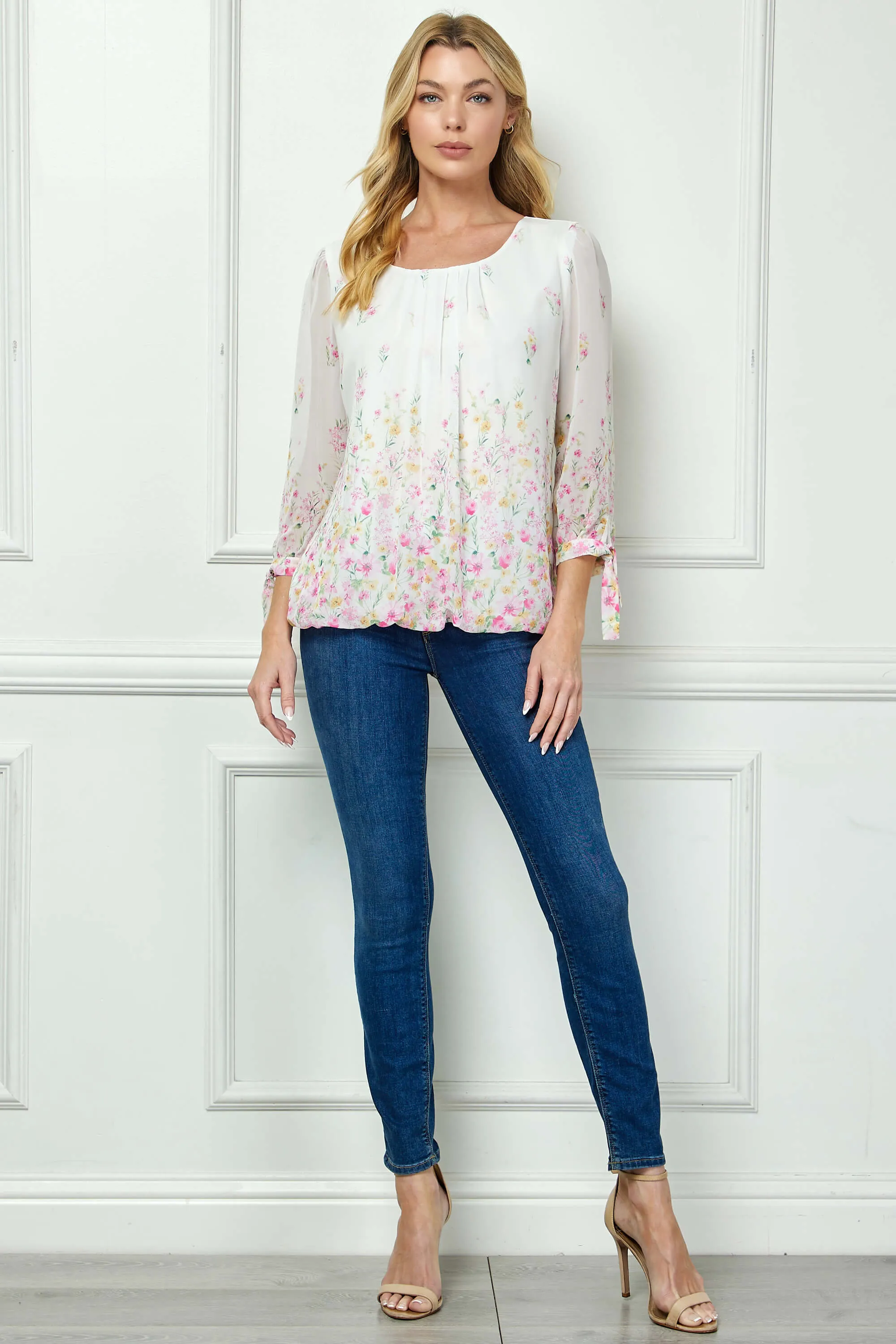 3/4 Tie Sleeve Pleat Neck Border Print Bubble Blouse in Ivory/Yellow/Pink sold by Dress Barn