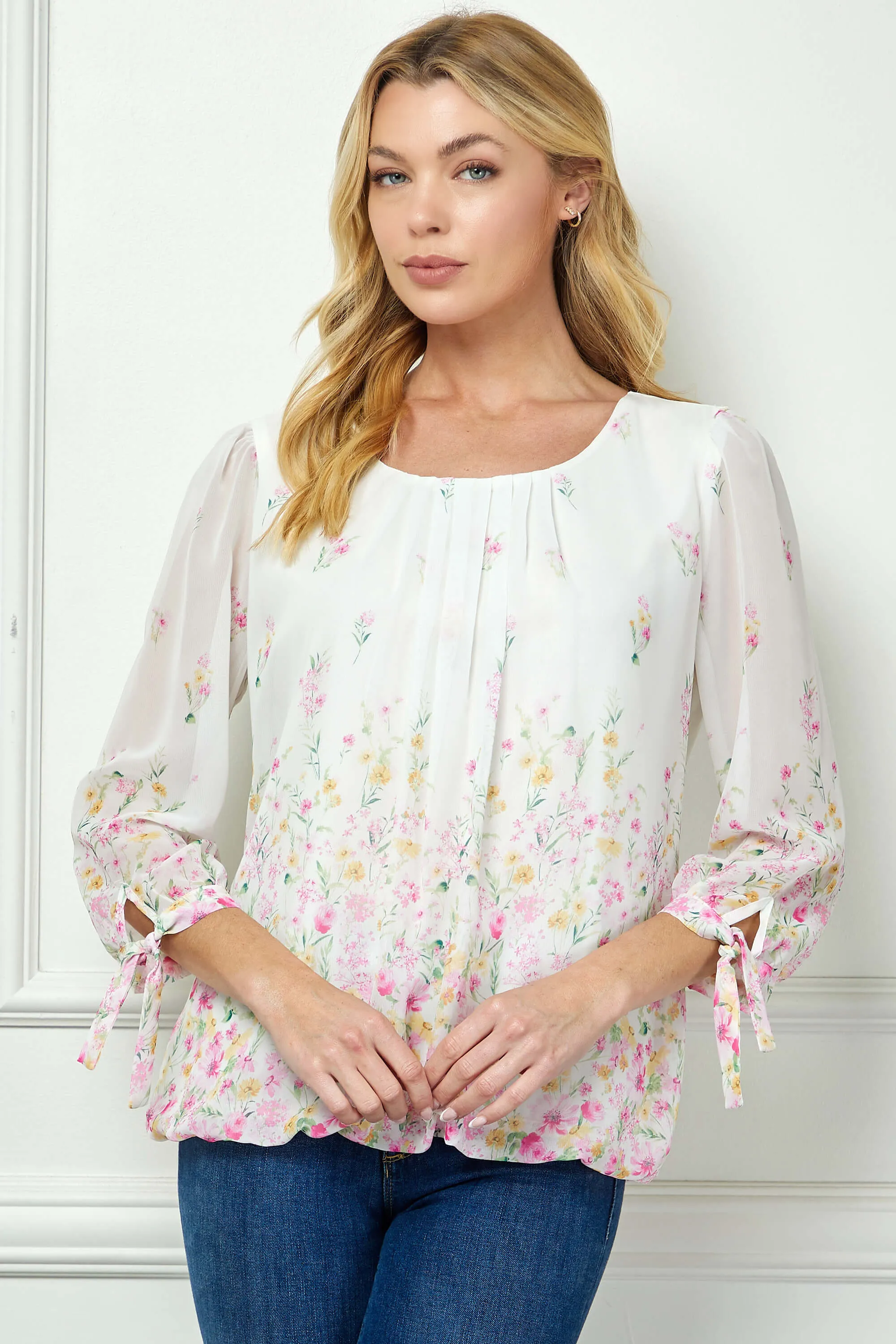3/4 Tie Sleeve Pleat Neck Border Print Bubble Blouse in Ivory/Yellow/Pink sold by Dress Barn product image thumbnail 2
