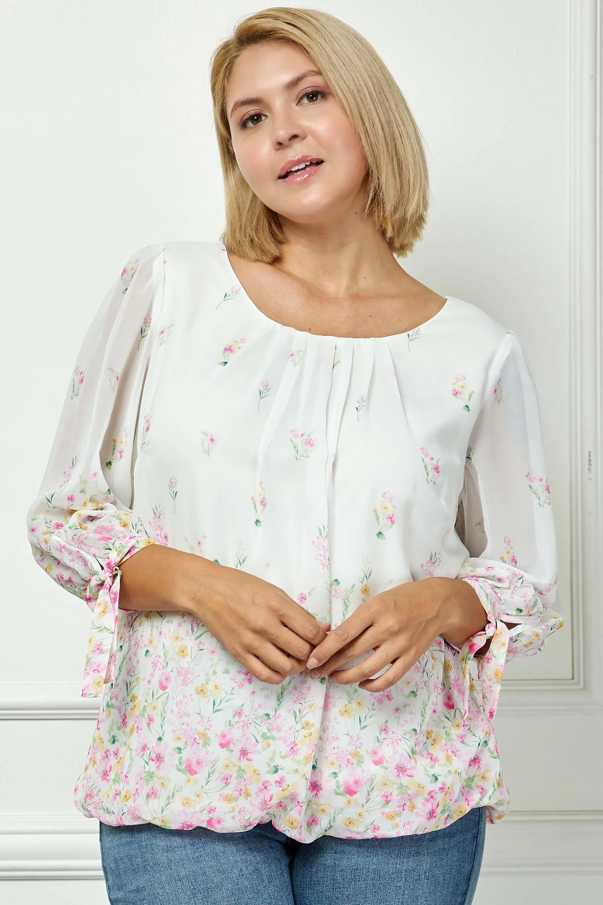 3/4 Tie Sleeve Pleat Neck Border Print Bubble Blouse in Ivory/Yellow/Pink - Plus sold by Dress Barn product image thumbnail 2