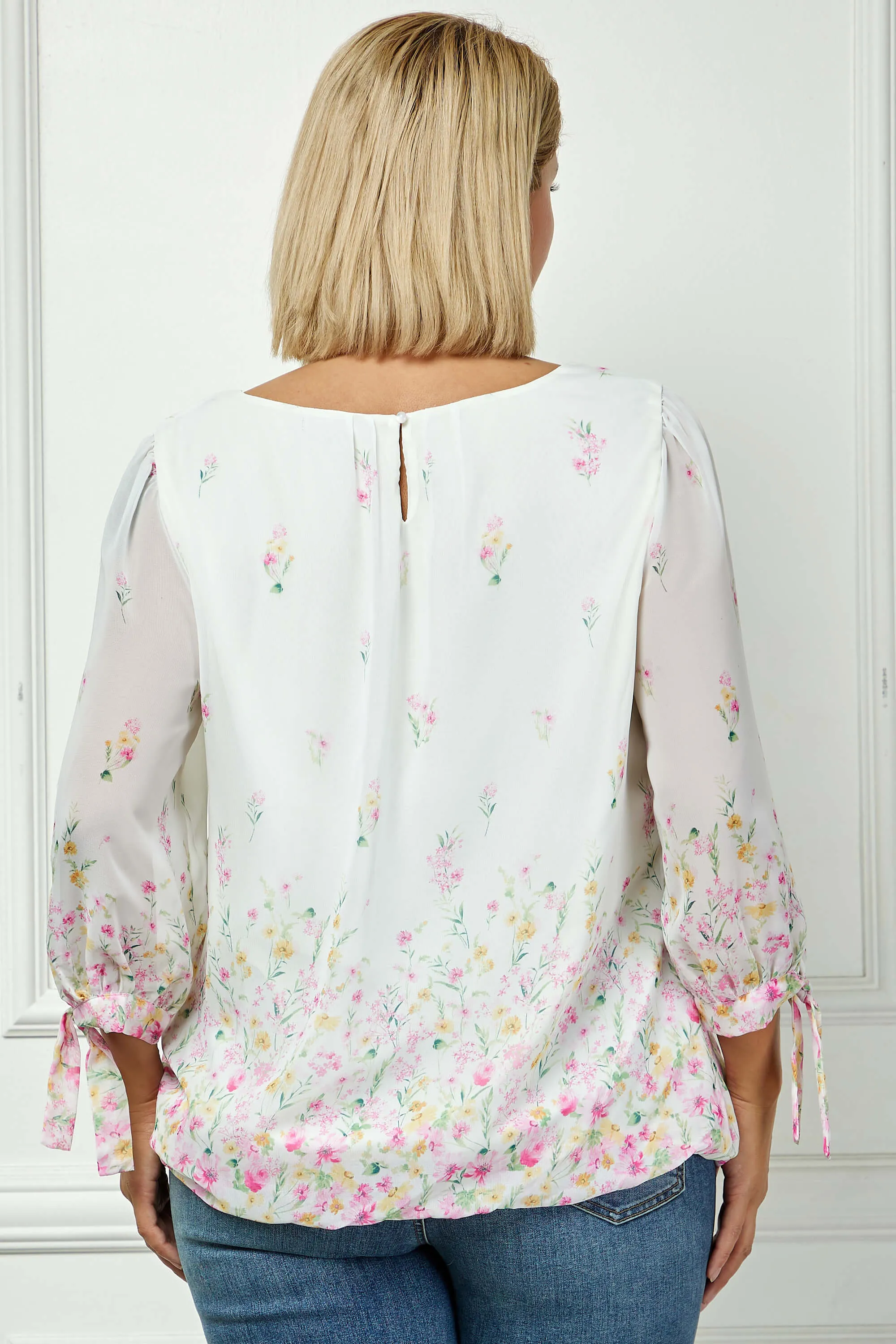 3/4 Tie Sleeve Pleat Neck Border Print Bubble Blouse in Ivory/Yellow/Pink - Plus sold by Dress Barn product image thumbnail 4