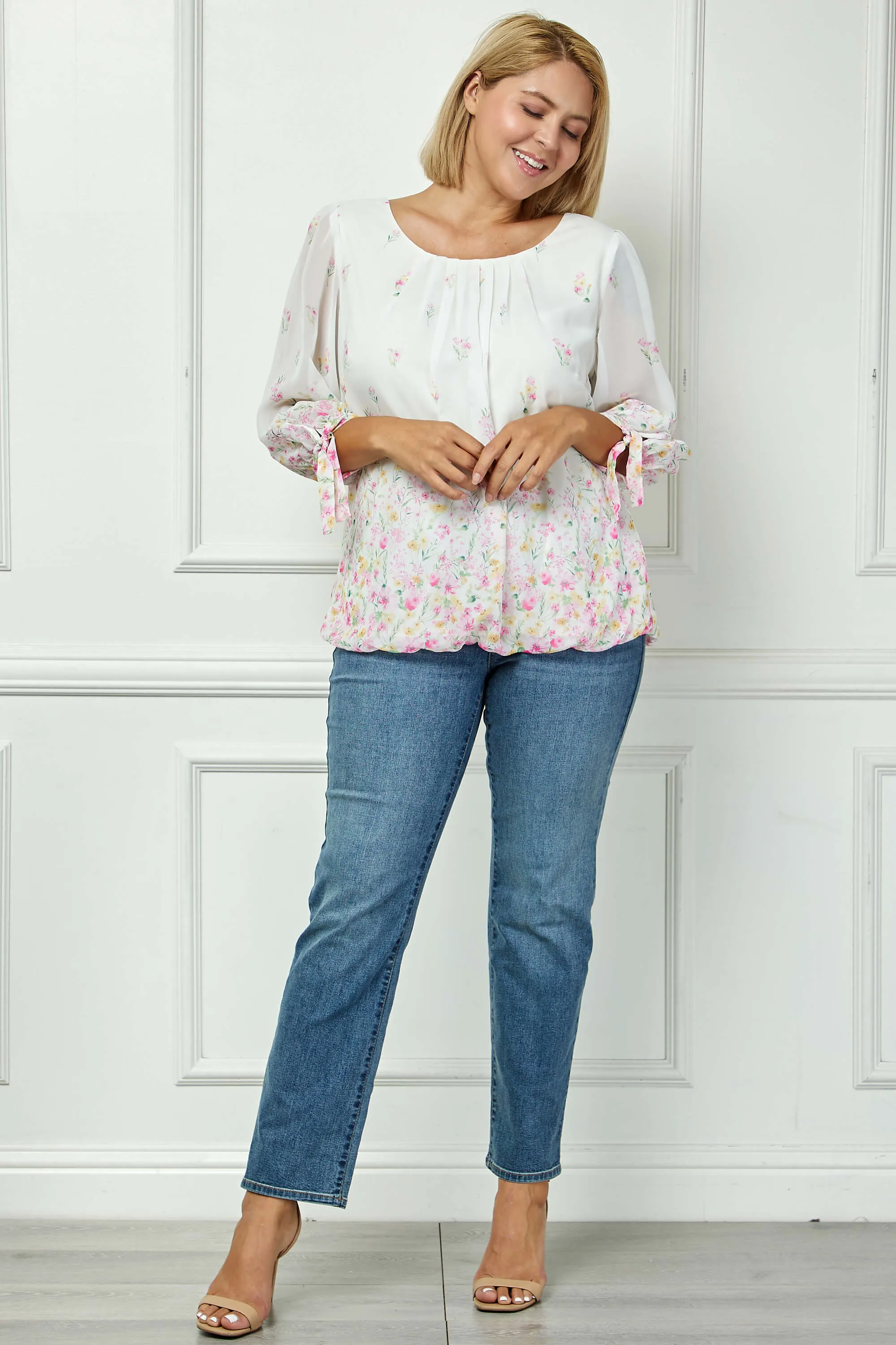 3/4 Tie Sleeve Pleat Neck Border Print Bubble Blouse in Ivory/Yellow/Pink - Plus sold by Dress Barn