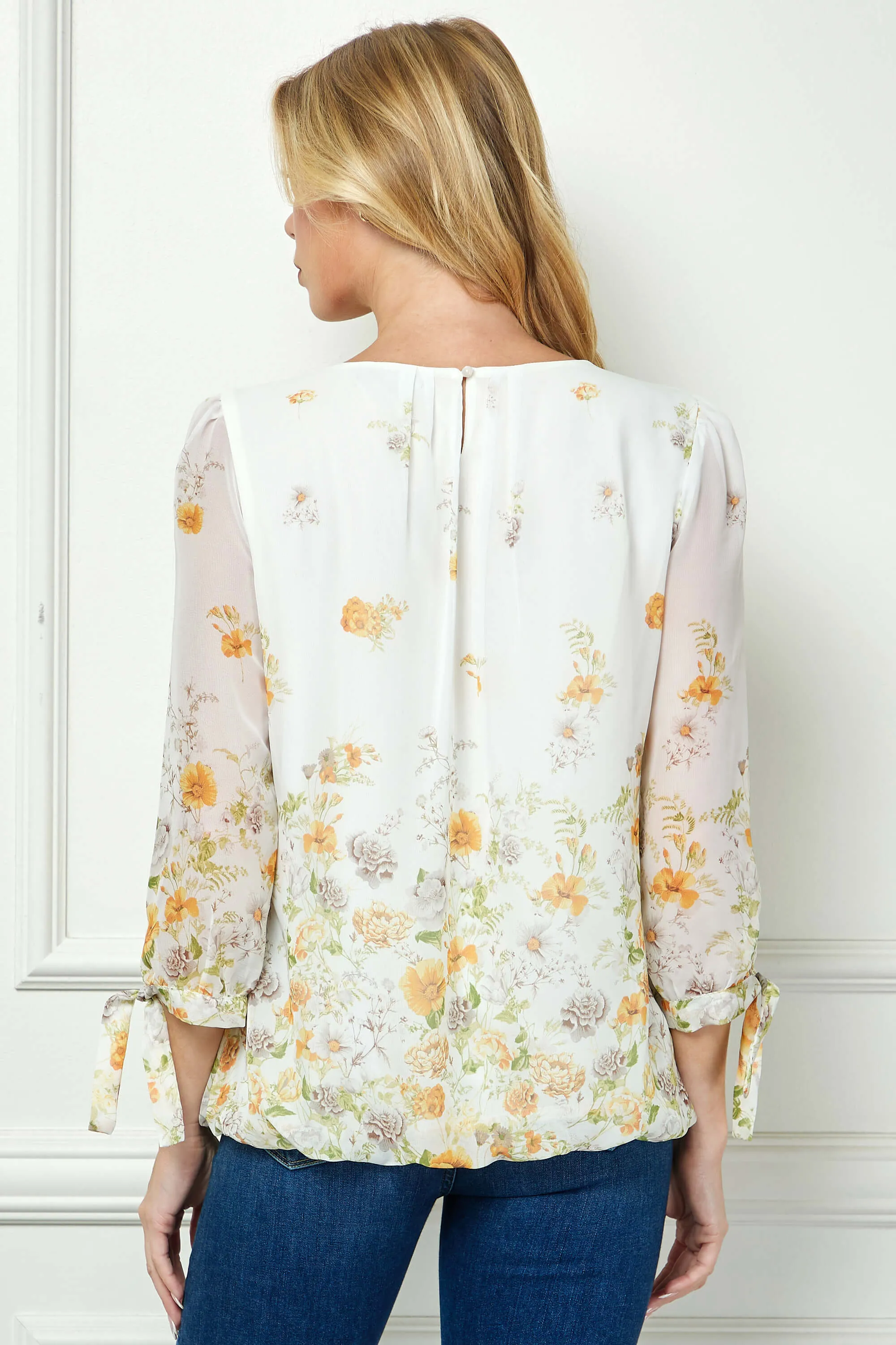 3/4 Tie Sleeve Pleat Neck Border Print Bubble Blouse in Ivory/Yellow/Taupe sold by Dress Barn product image thumbnail 4