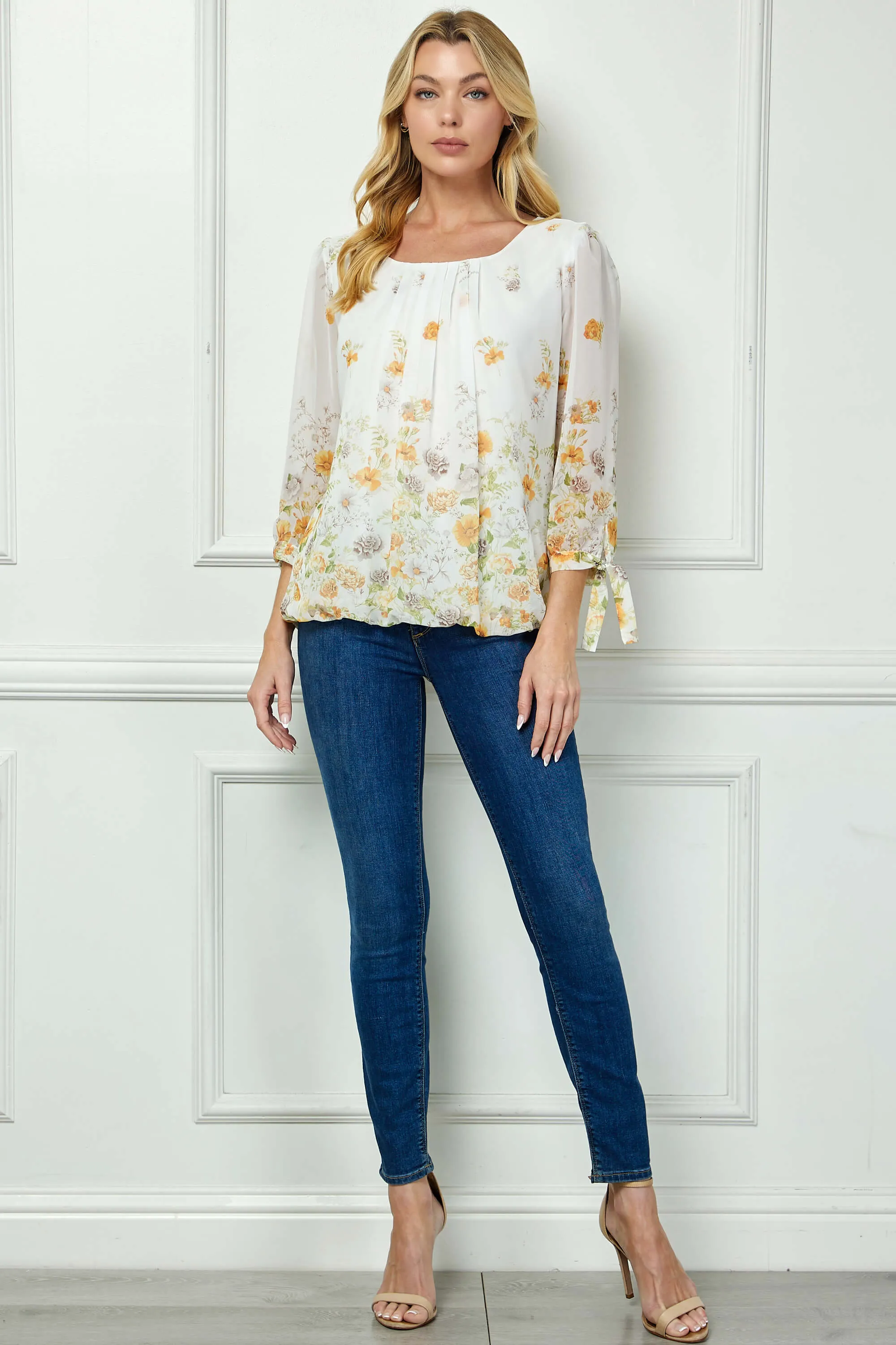 3/4 Tie Sleeve Pleat Neck Border Print Bubble Blouse in Ivory/Yellow/Taupe sold by Dress Barn