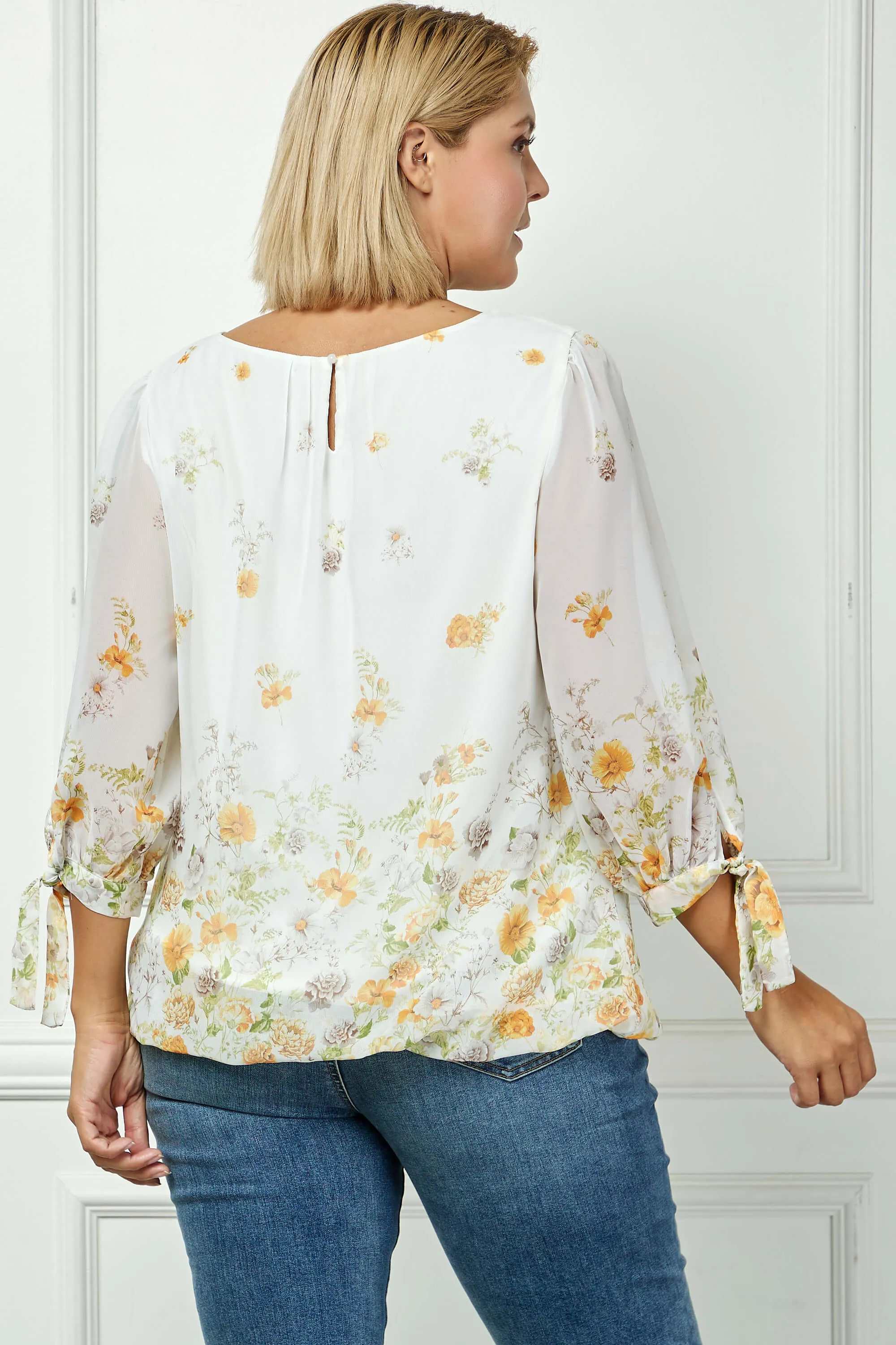 3/4 Tie Sleeve Pleat Neck Border Print Bubble Blouse in Ivory/Yellow/Taupe - Plus sold by Dress Barn product image thumbnail 4