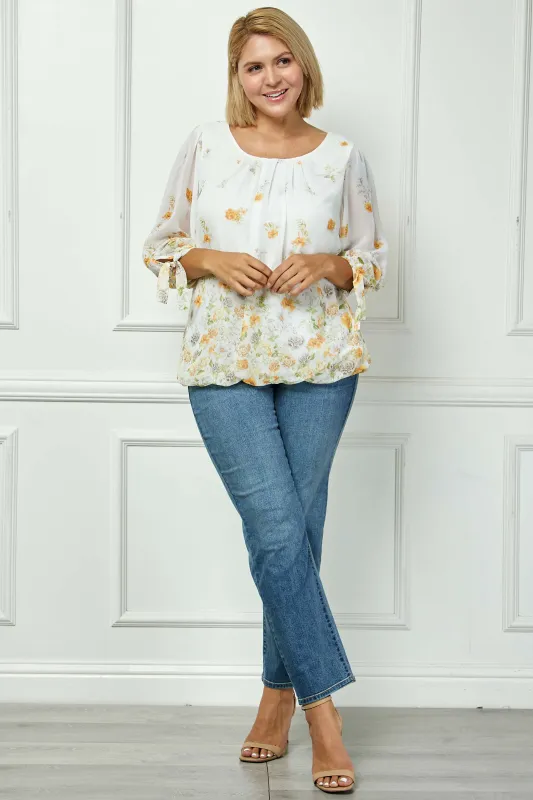 3/4 Tie Sleeve Pleat Neck Border Print Bubble Blouse in Ivory/Yellow/Taupe - Plus sold by Dress Barn