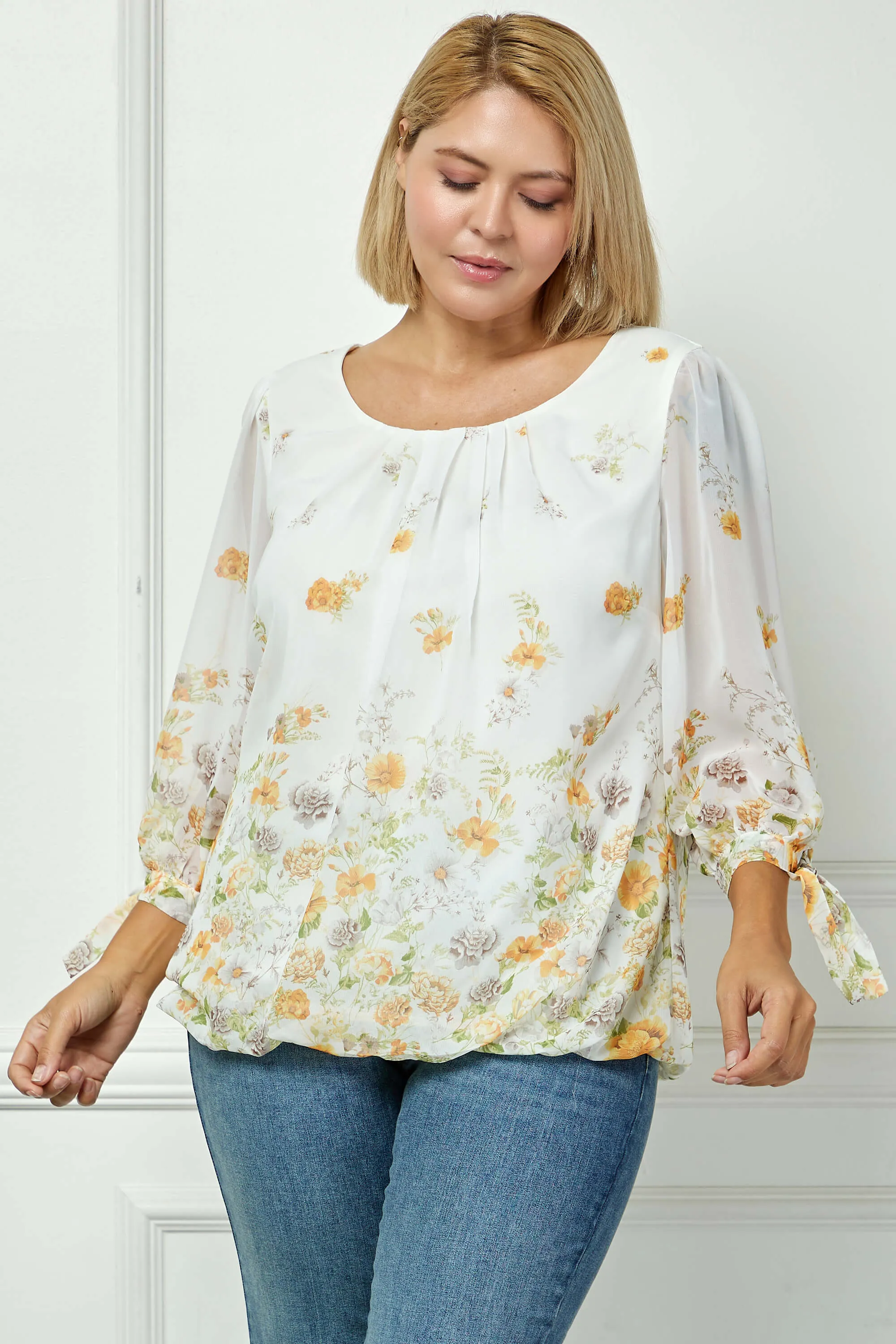 3/4 Tie Sleeve Pleat Neck Border Print Bubble Blouse in Ivory/Yellow/Taupe - Plus sold by Dress Barn product image thumbnail 2
