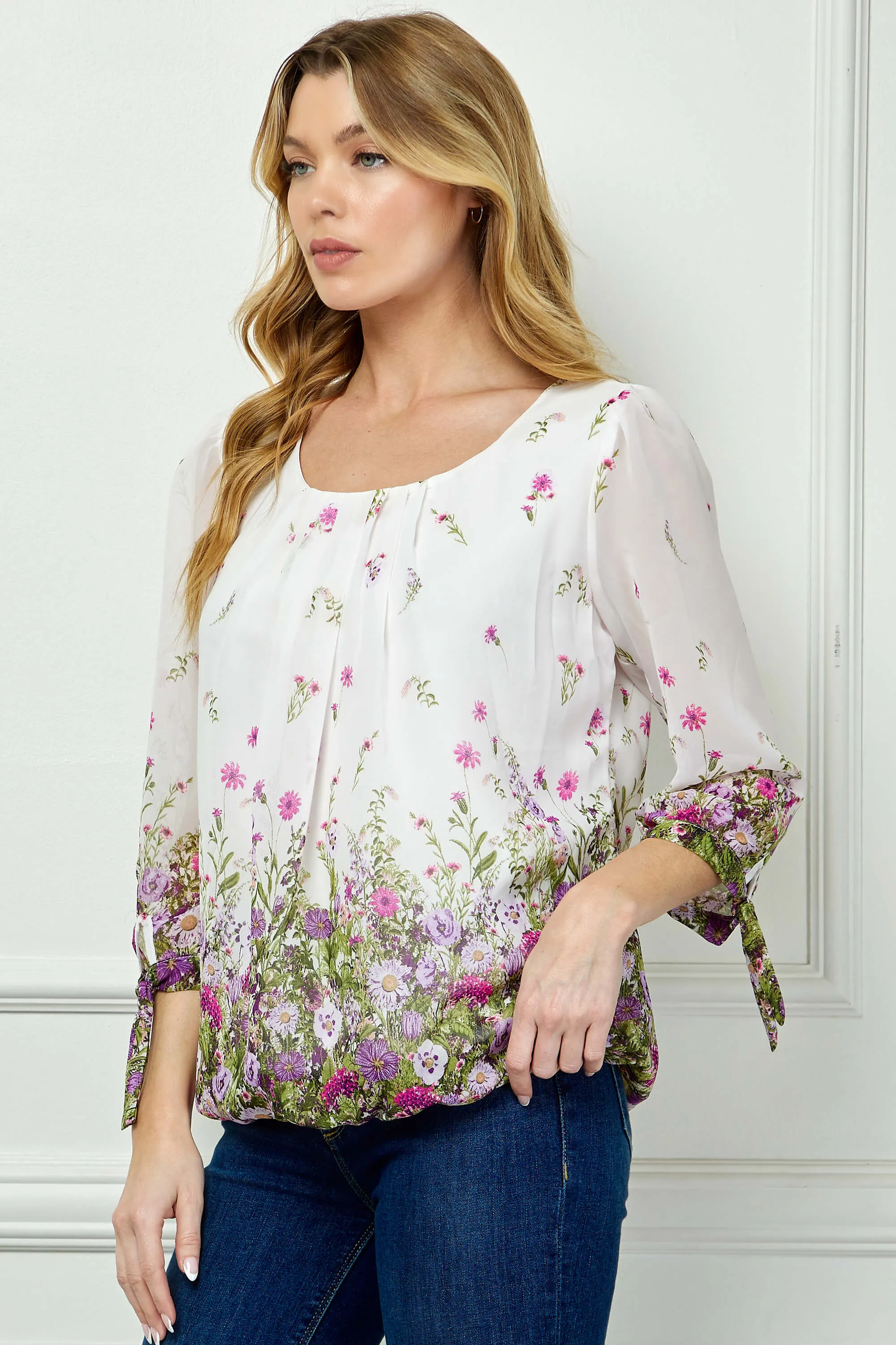3/4 Tie Sleeve Pleat Neck Border Print Bubble Blouse in White/Purple/Sage sold by Dress Barn product image thumbnail 3