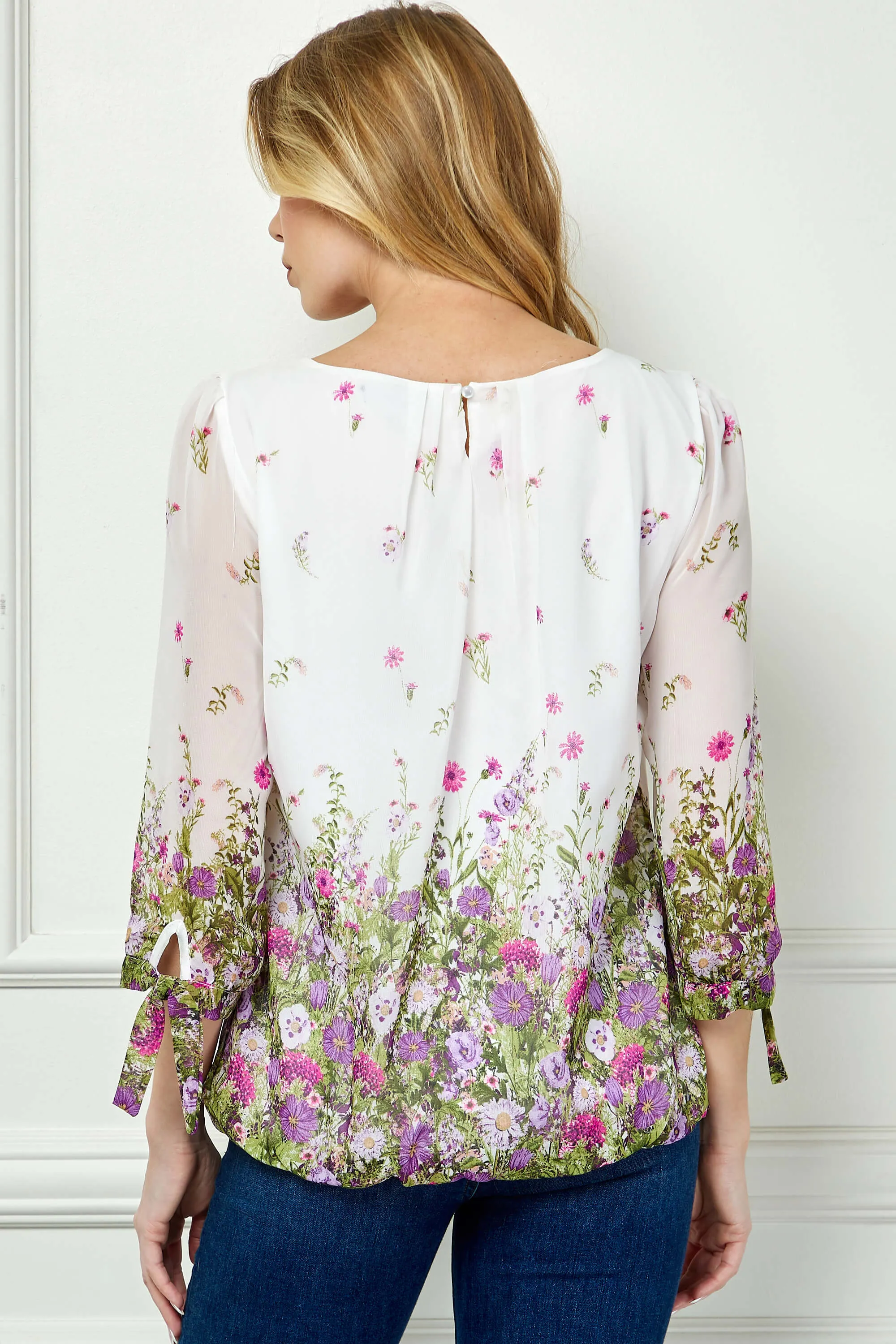 3/4 Tie Sleeve Pleat Neck Border Print Bubble Blouse in White/Purple/Sage sold by Dress Barn product image thumbnail 4
