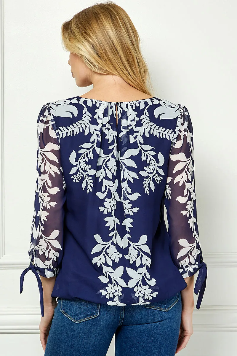 3/4 Tie Sleeve Pleat Neck Placement Print Bubble Blouse in Navy sold by Dress Barn product image thumbnail 4
