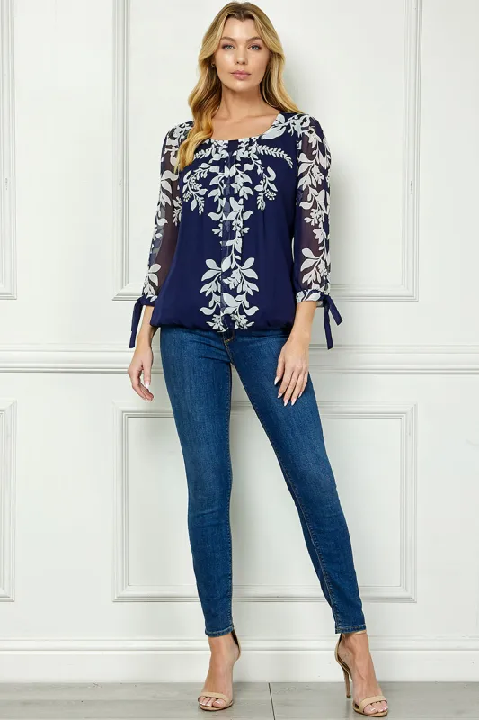 3/4 Tie Sleeve Pleat Neck Placement Print Bubble Blouse in Navy sold by Dress Barn
