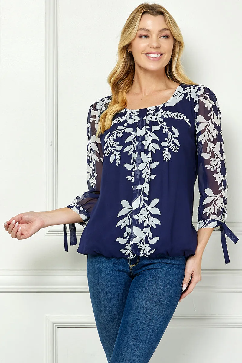 3/4 Tie Sleeve Pleat Neck Placement Print Bubble Blouse in Navy sold by Dress Barn product image thumbnail 2