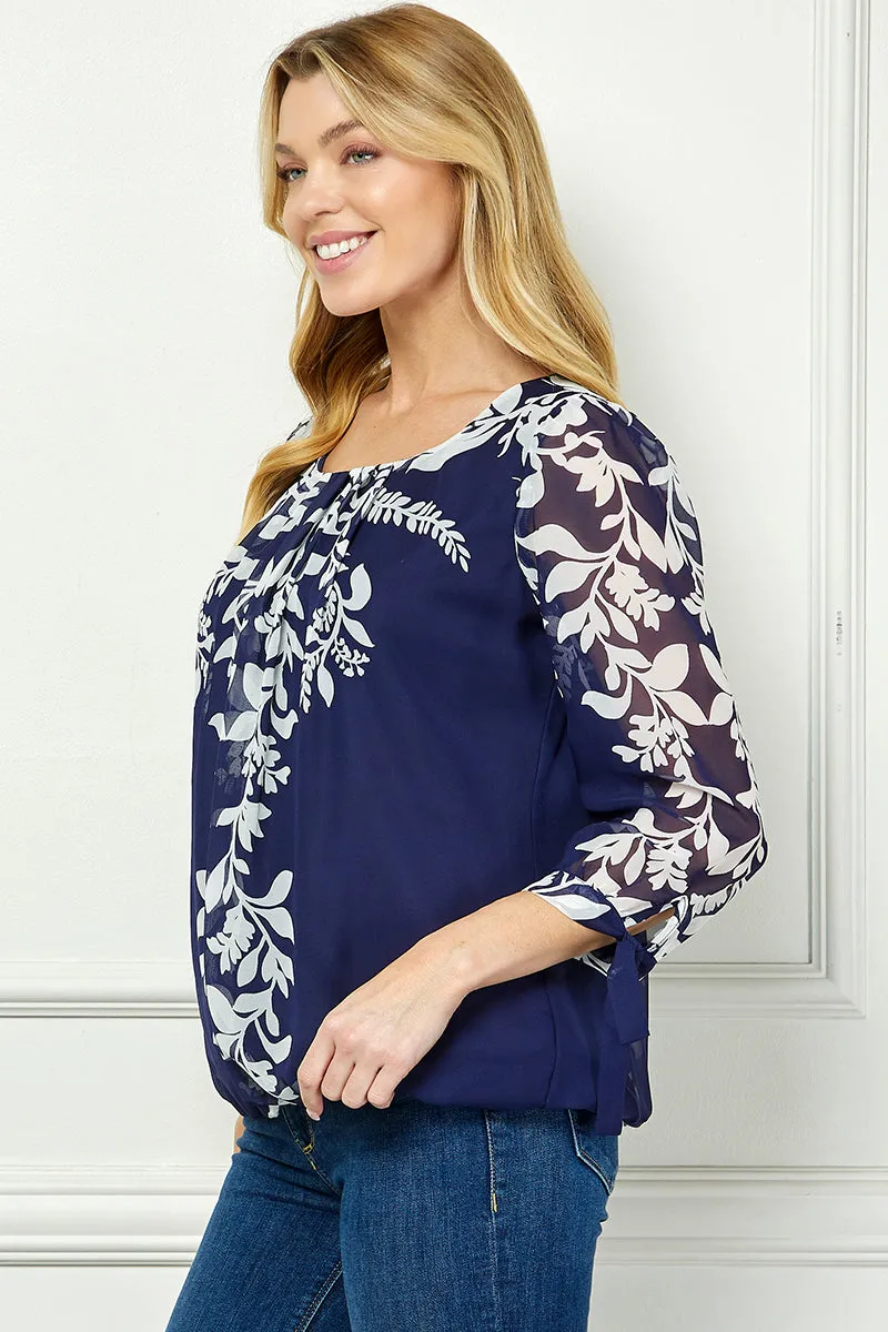 3/4 Tie Sleeve Pleat Neck Placement Print Bubble Blouse in Navy sold by Dress Barn product image thumbnail 3