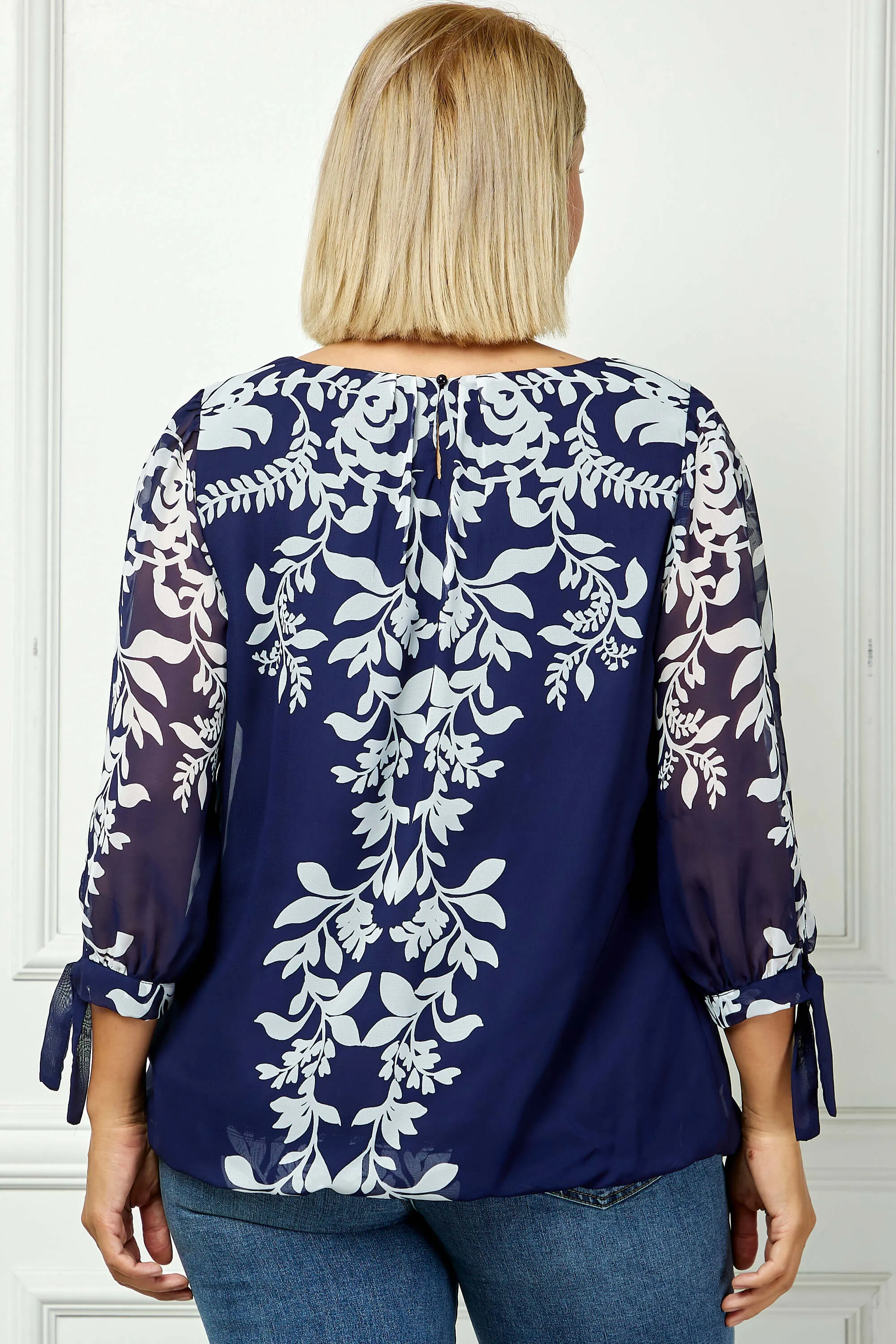 3/4 Tie Sleeve Pleat Neck Placement Print Bubble Blouse in Navy -Plus sold by Dress Barn product image thumbnail 4