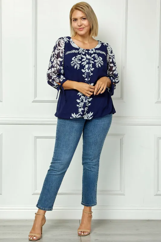 3/4 Tie Sleeve Pleat Neck Placement Print Bubble Blouse in Navy -Plus sold by Dress Barn