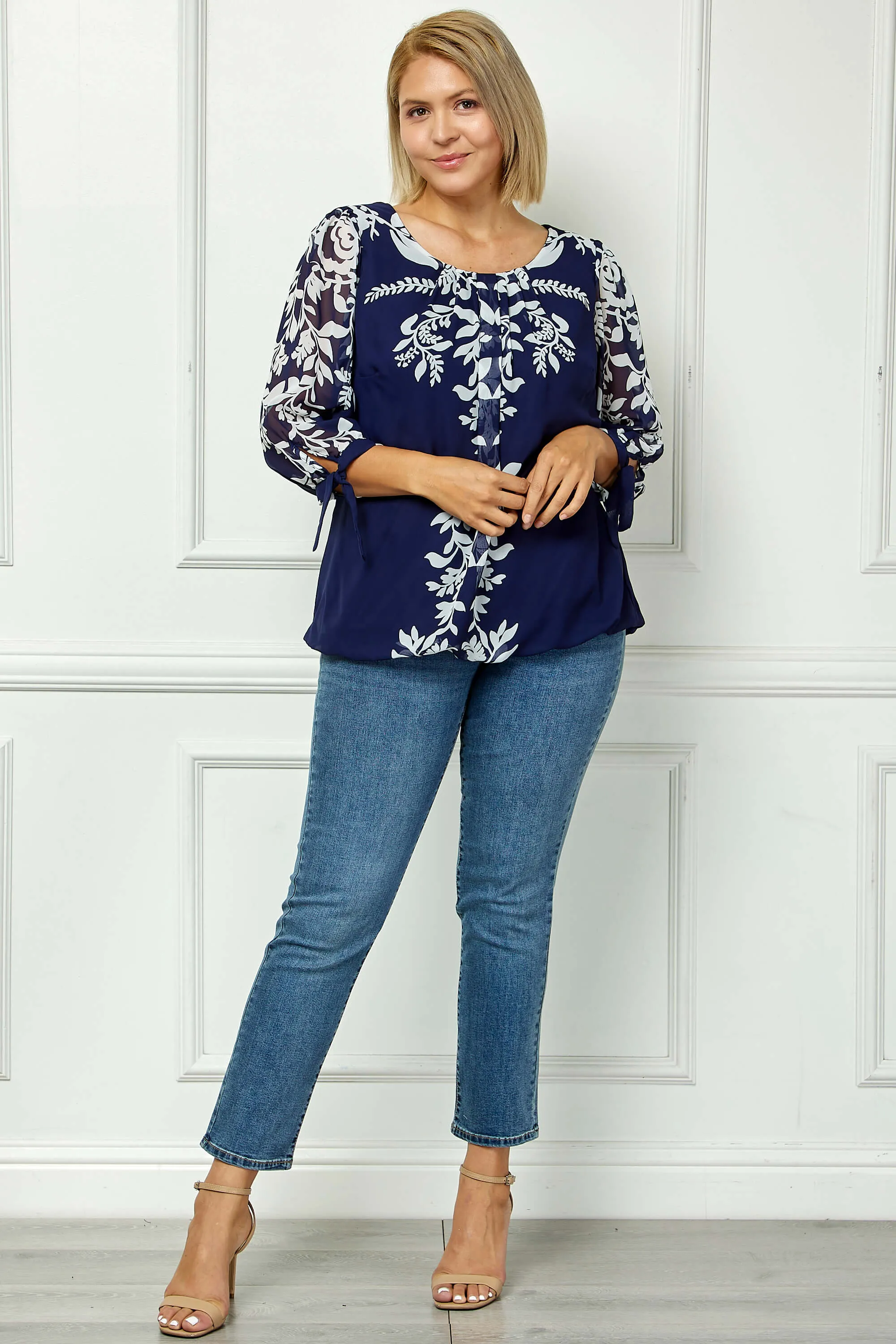 3/4 Tie Sleeve Pleat Neck Placement Print Bubble Blouse in Navy -Plus sold by Dress Barn