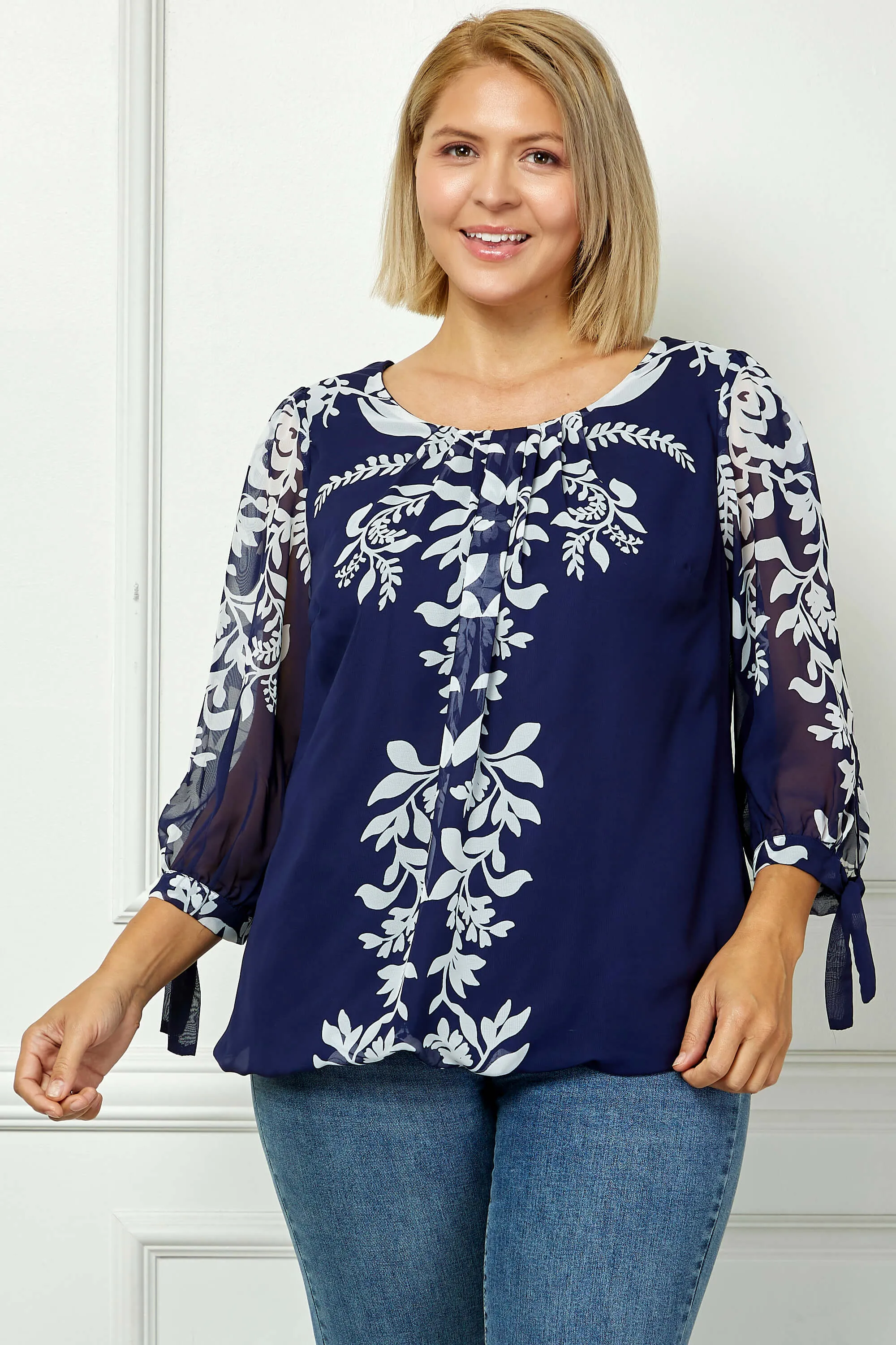3/4 Tie Sleeve Pleat Neck Placement Print Bubble Blouse in Navy -Plus sold by Dress Barn product image thumbnail 2