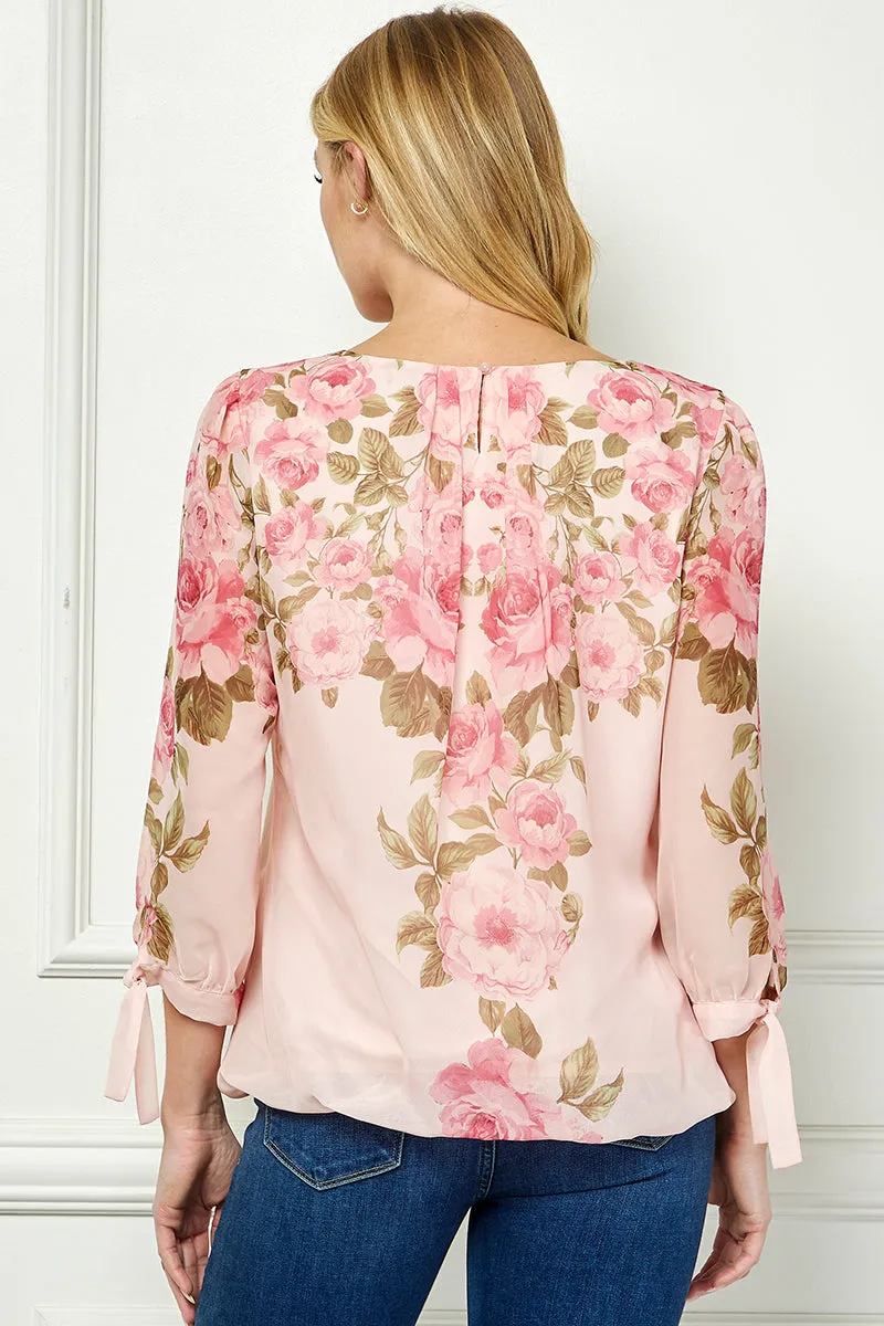 3/4 Tie Sleeve Pleat Neck Placement Print Bubble Blouse in Pink sold by Dress Barn product image thumbnail 4
