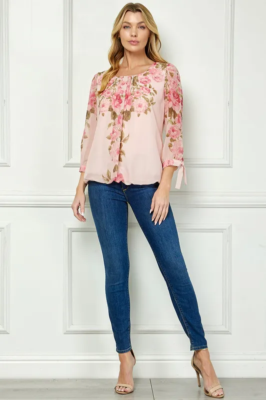 3/4 Tie Sleeve Pleat Neck Placement Print Bubble Blouse in Pink sold by Dress Barn
