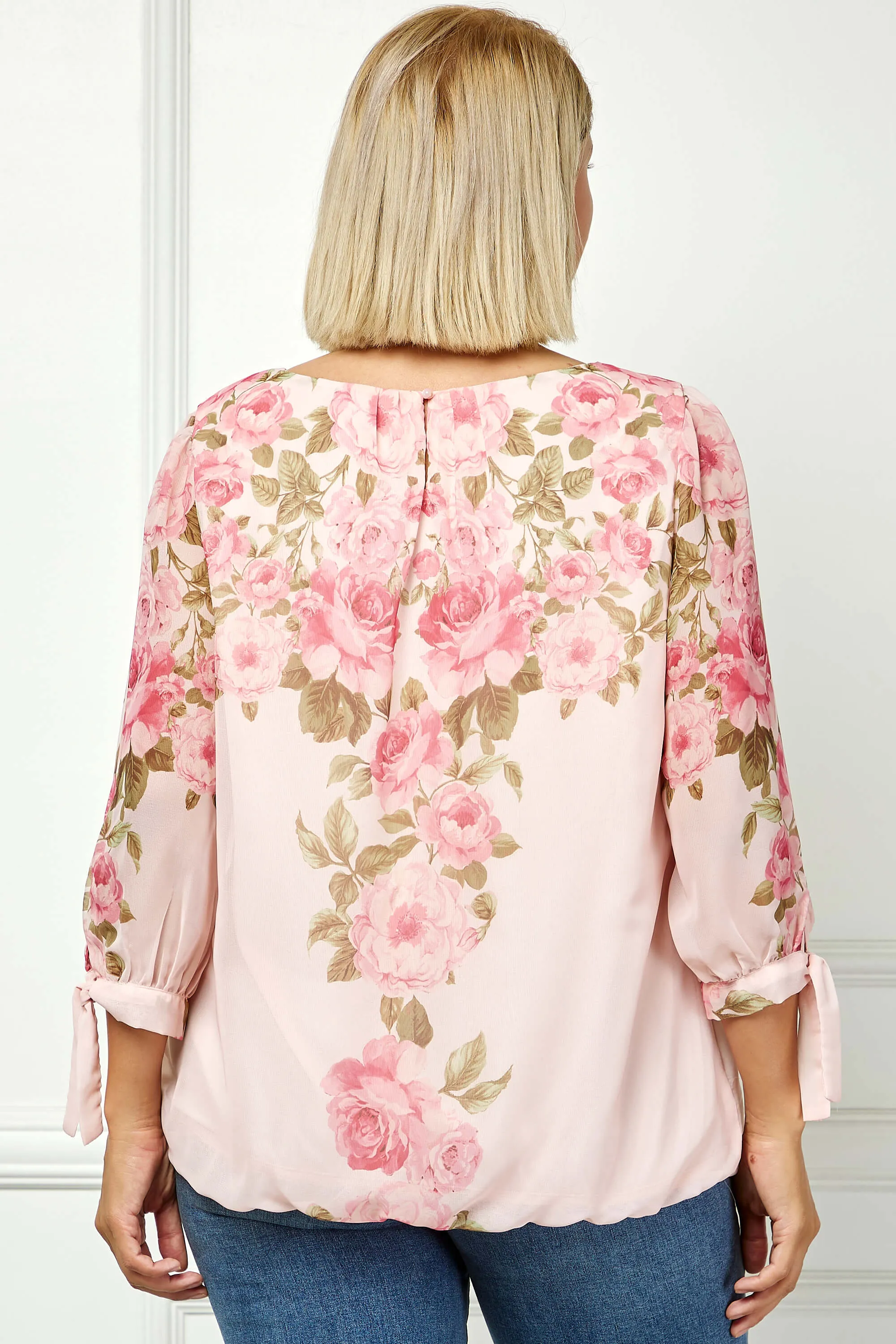 3/4 Tie Sleeve Pleat Neck Placement Print Bubble Blouse in Pink - Plus sold by Dress Barn product image thumbnail 4