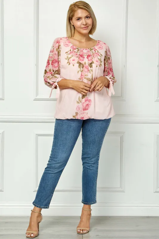 3/4 Tie Sleeve Pleat Neck Placement Print Bubble Blouse in Pink - Plus sold by Dress Barn