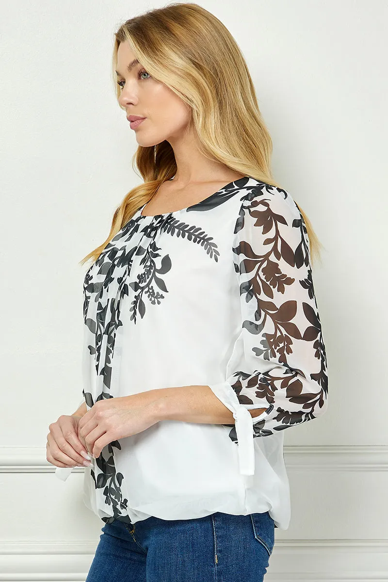 3/4 Tie Sleeve Pleat Neck Placement Print Bubble Blouse in White/Black sold by Dress Barn product image thumbnail 3