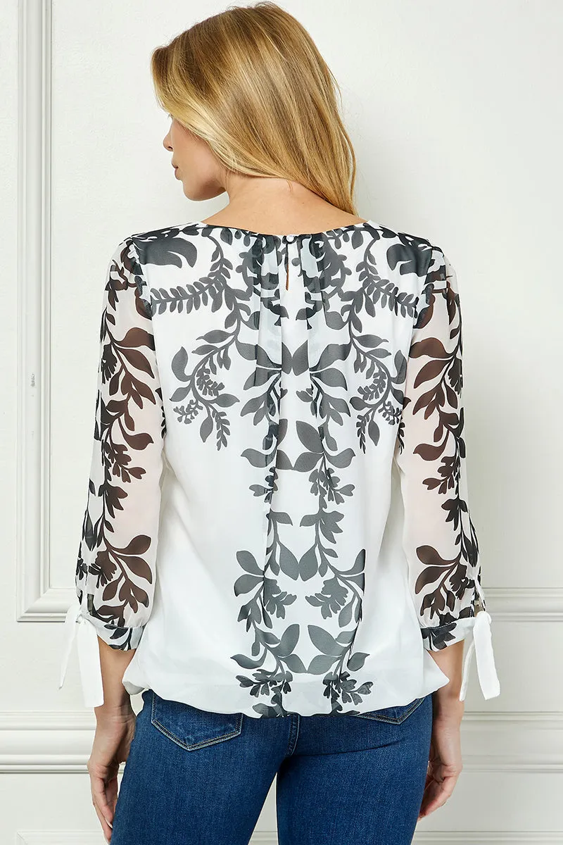 3/4 Tie Sleeve Pleat Neck Placement Print Bubble Blouse in White/Black sold by Dress Barn product image thumbnail 4