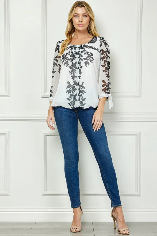 3/4 Tie Sleeve Pleat Neck Placement Print Bubble Blouse in White/Black sold by Dress Barn