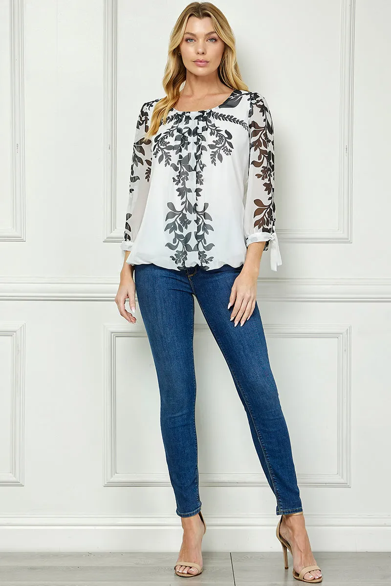 3/4 Tie Sleeve Pleat Neck Placement Print Bubble Blouse in White/Black sold by Dress Barn