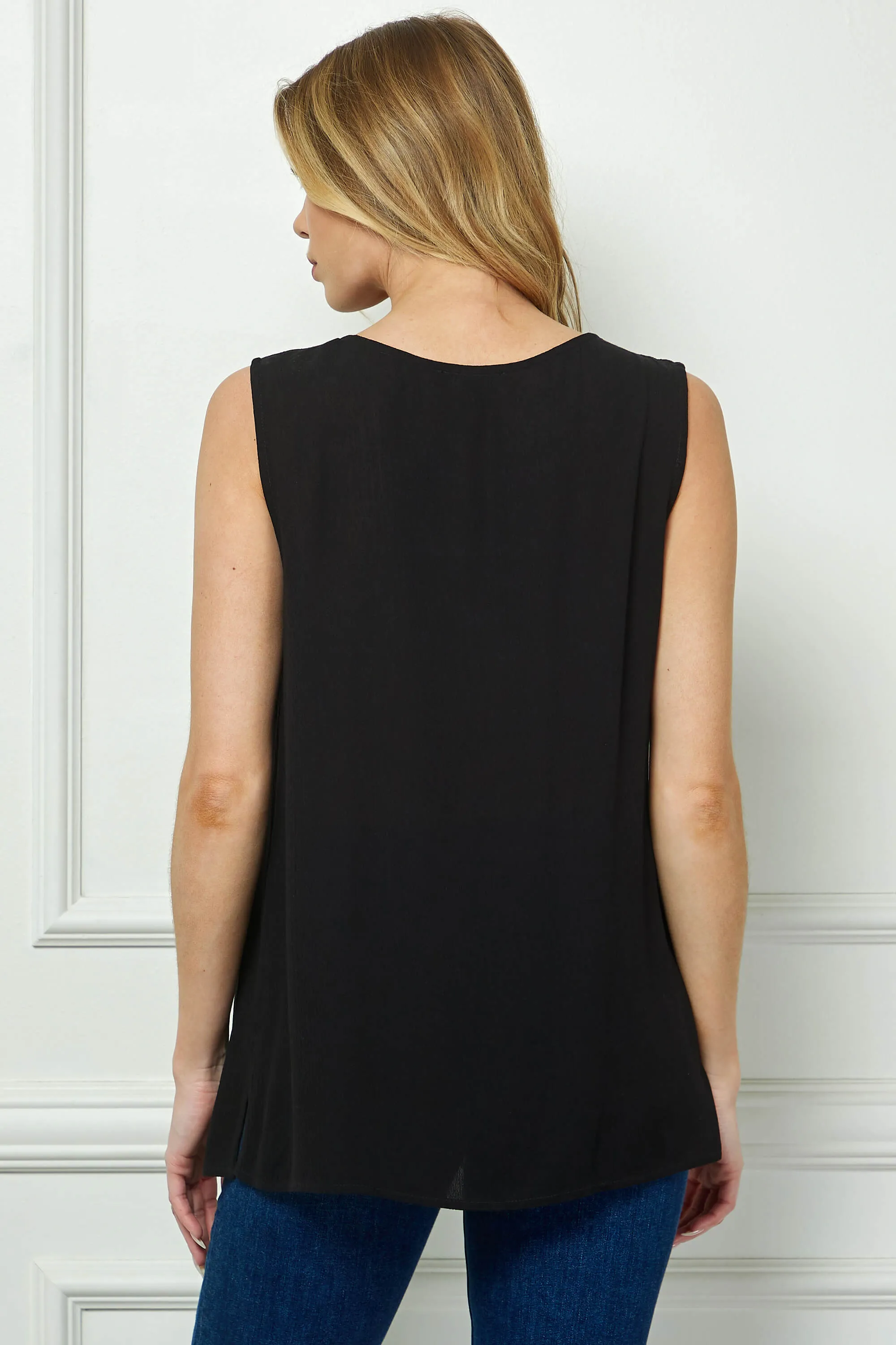Sleeveless Embroidered Yoke Split Neck Blouse in Black sold by Dress Barn product image thumbnail 4