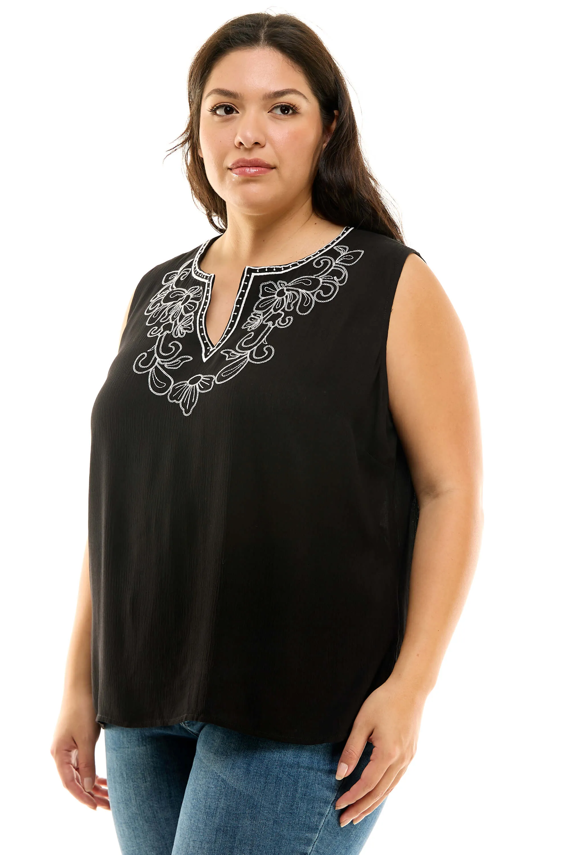 Sleeveless Embroidered Yoke Split Neck Blouse in Black - Plus sold by Dress Barn product image thumbnail 3