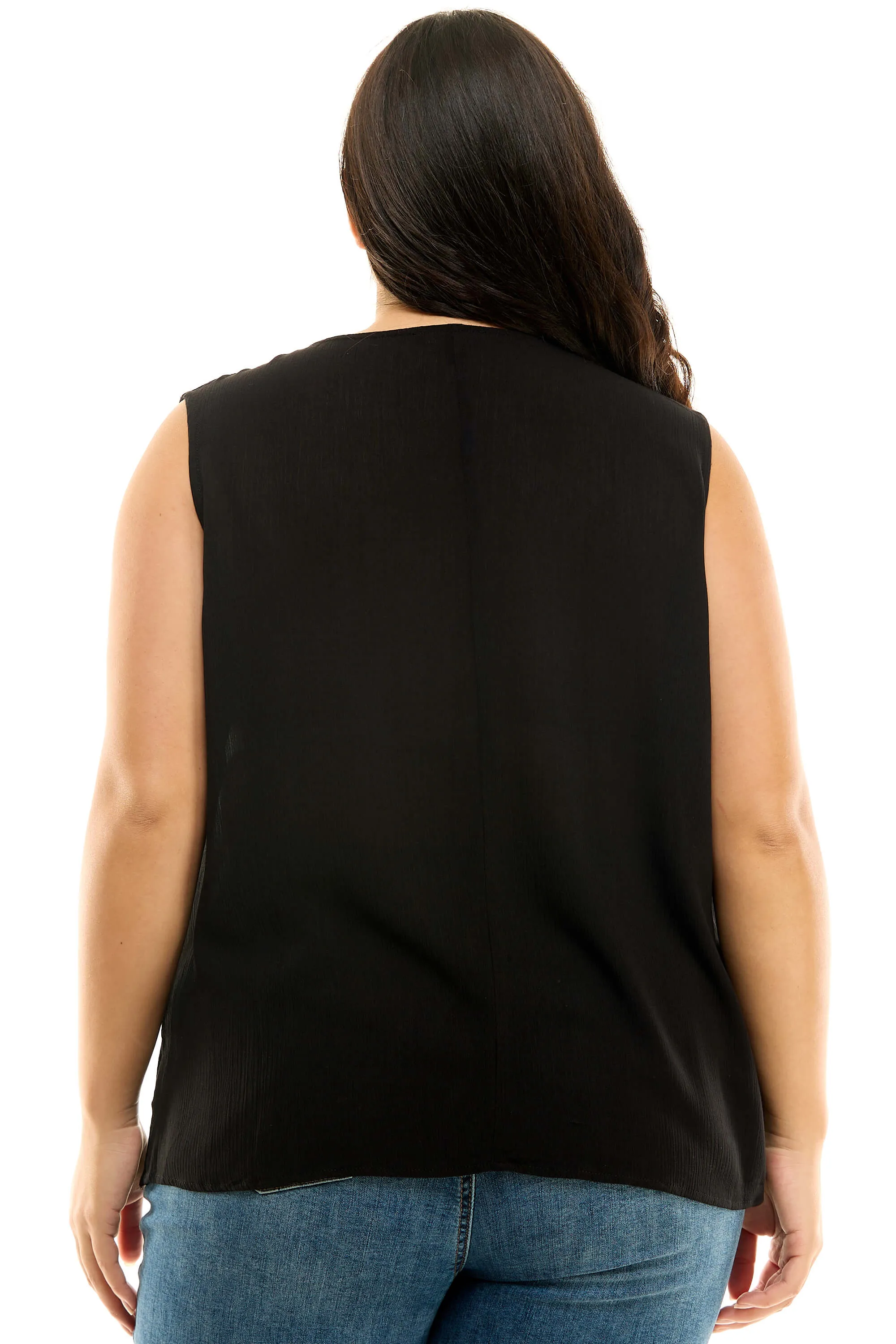 Sleeveless Embroidered Yoke Split Neck Blouse in Black - Plus sold by Dress Barn product image thumbnail 4