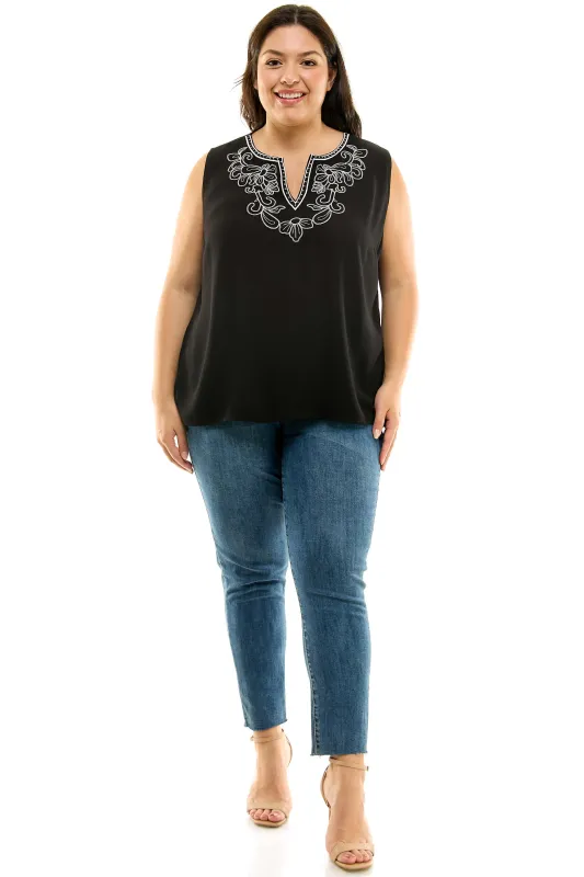 Sleeveless Embroidered Yoke Split Neck Blouse in Black - Plus sold by Dress Barn
