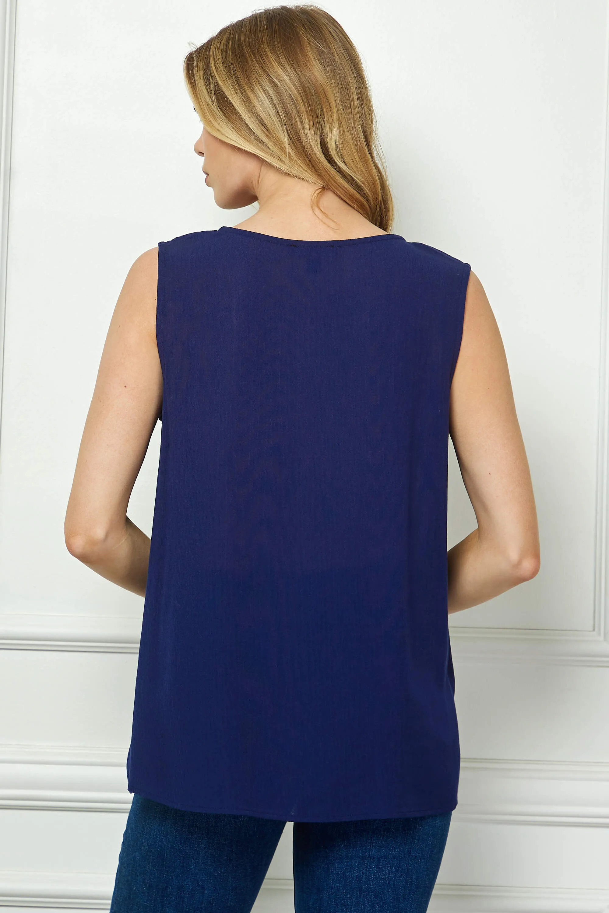 Sleeveless Embroidered Yoke Split Neck Blouse in Navy sold by Dress Barn product image thumbnail 4