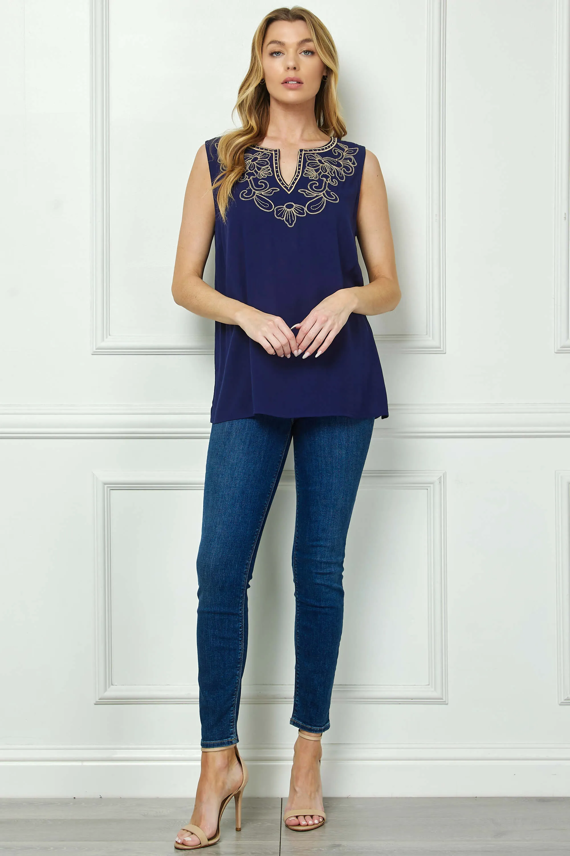 Sleeveless Embroidered Yoke Split Neck Blouse in Navy sold by Dress Barn