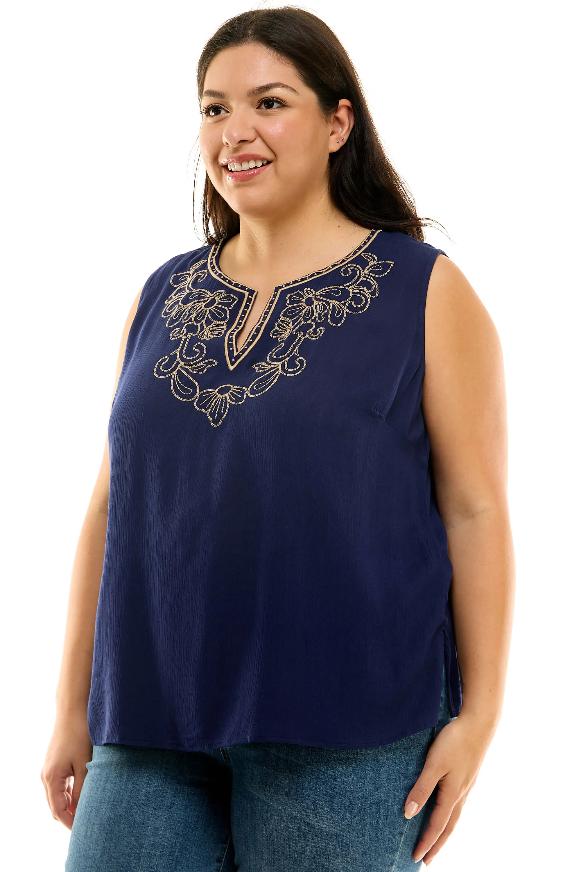 Sleeveless Embroidered Yoke Split Neck Blouse in Navy - Plus sold by Dress Barn product image thumbnail 3